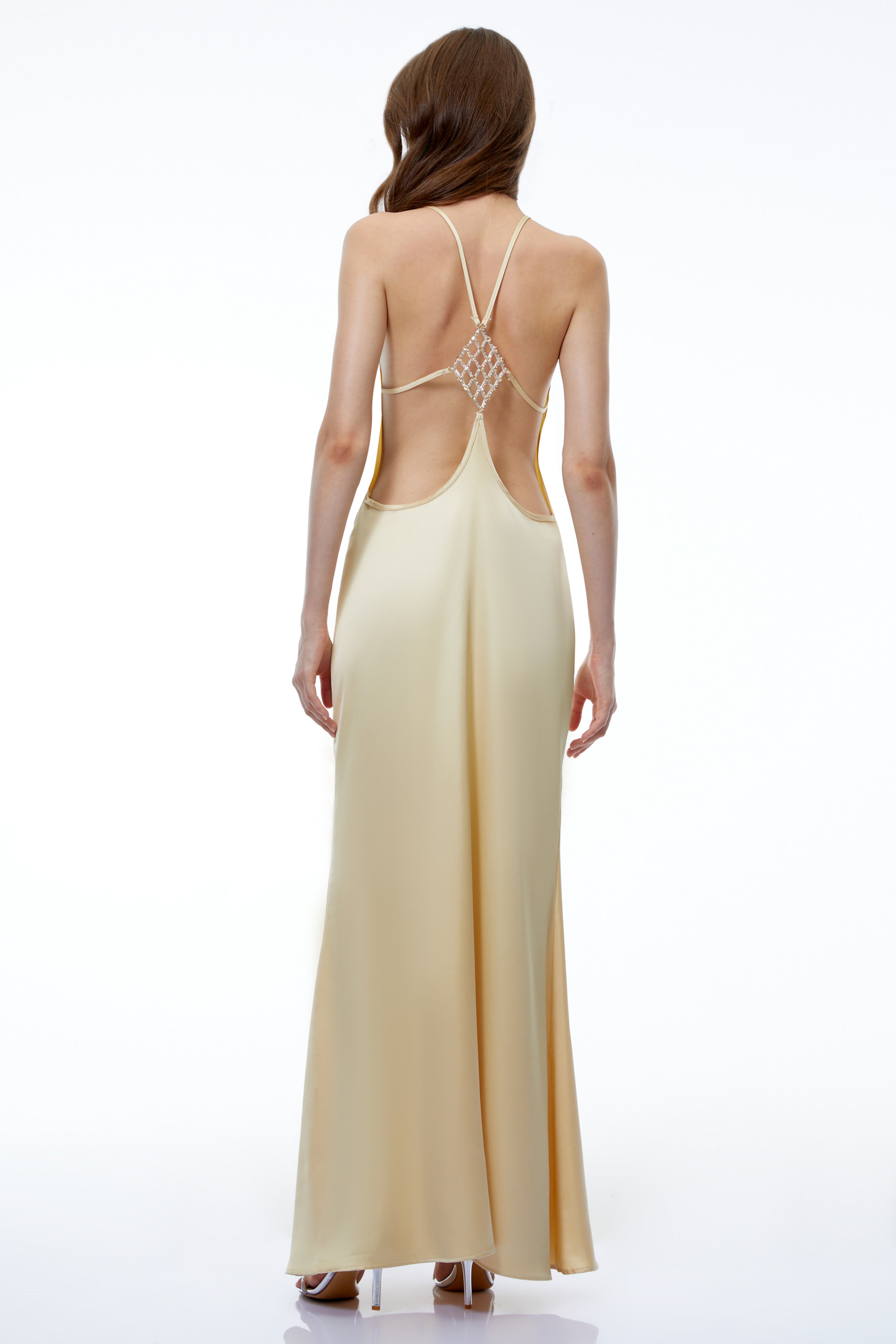 Gold satin halter maxi gown with latticed open back