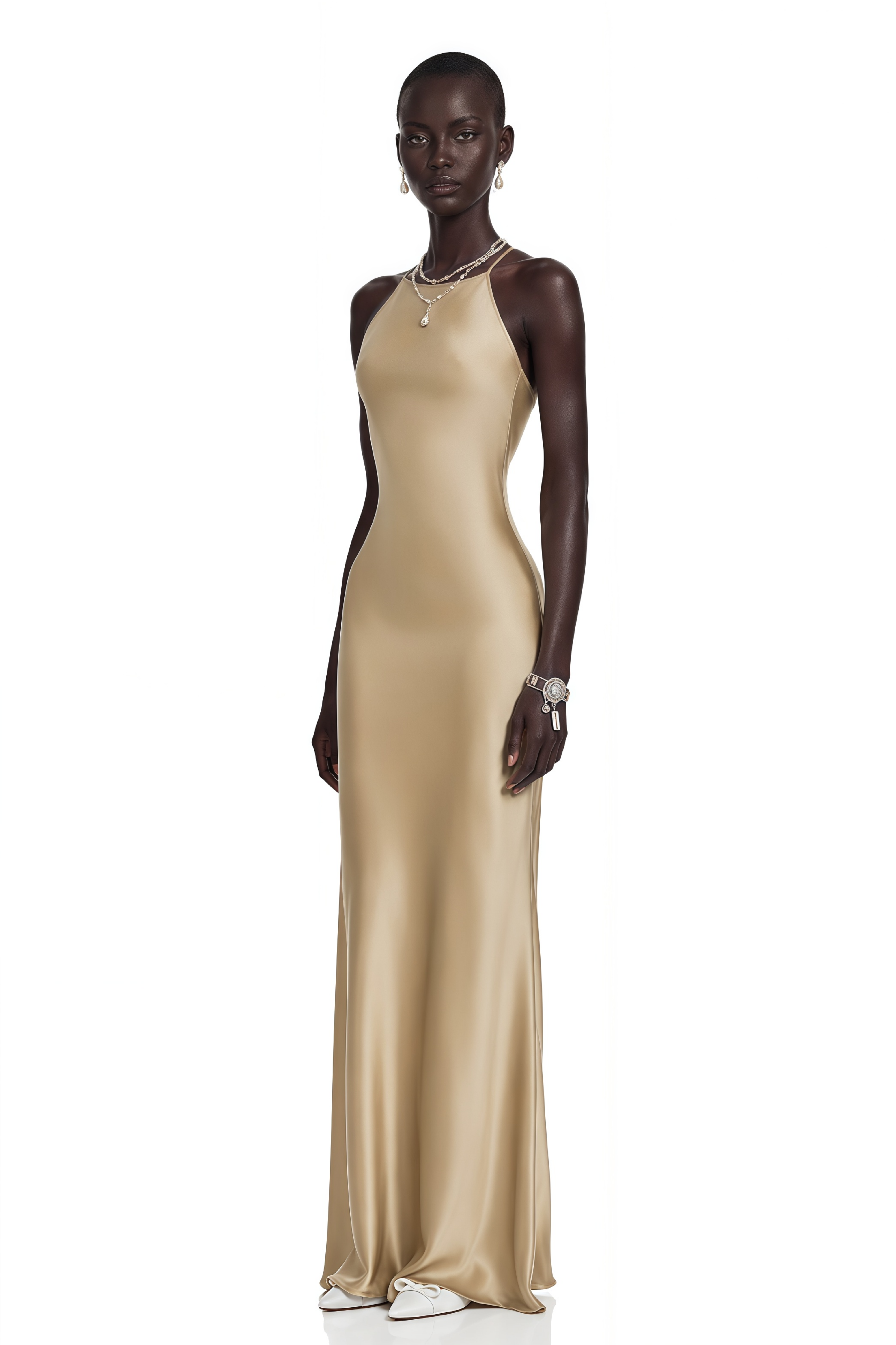 Gold satin halter maxi gown with latticed open back