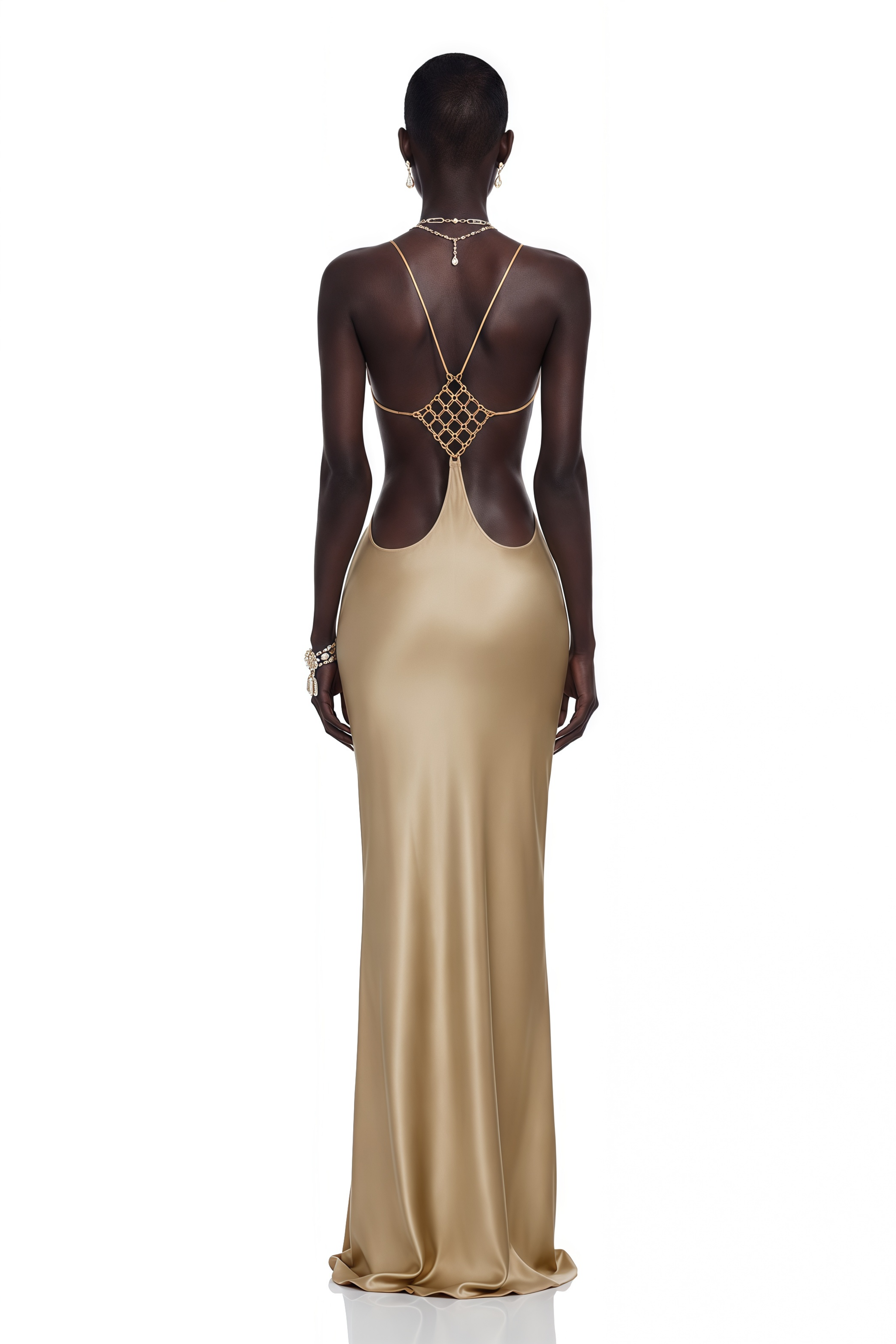 Gold satin halter maxi gown with latticed open back