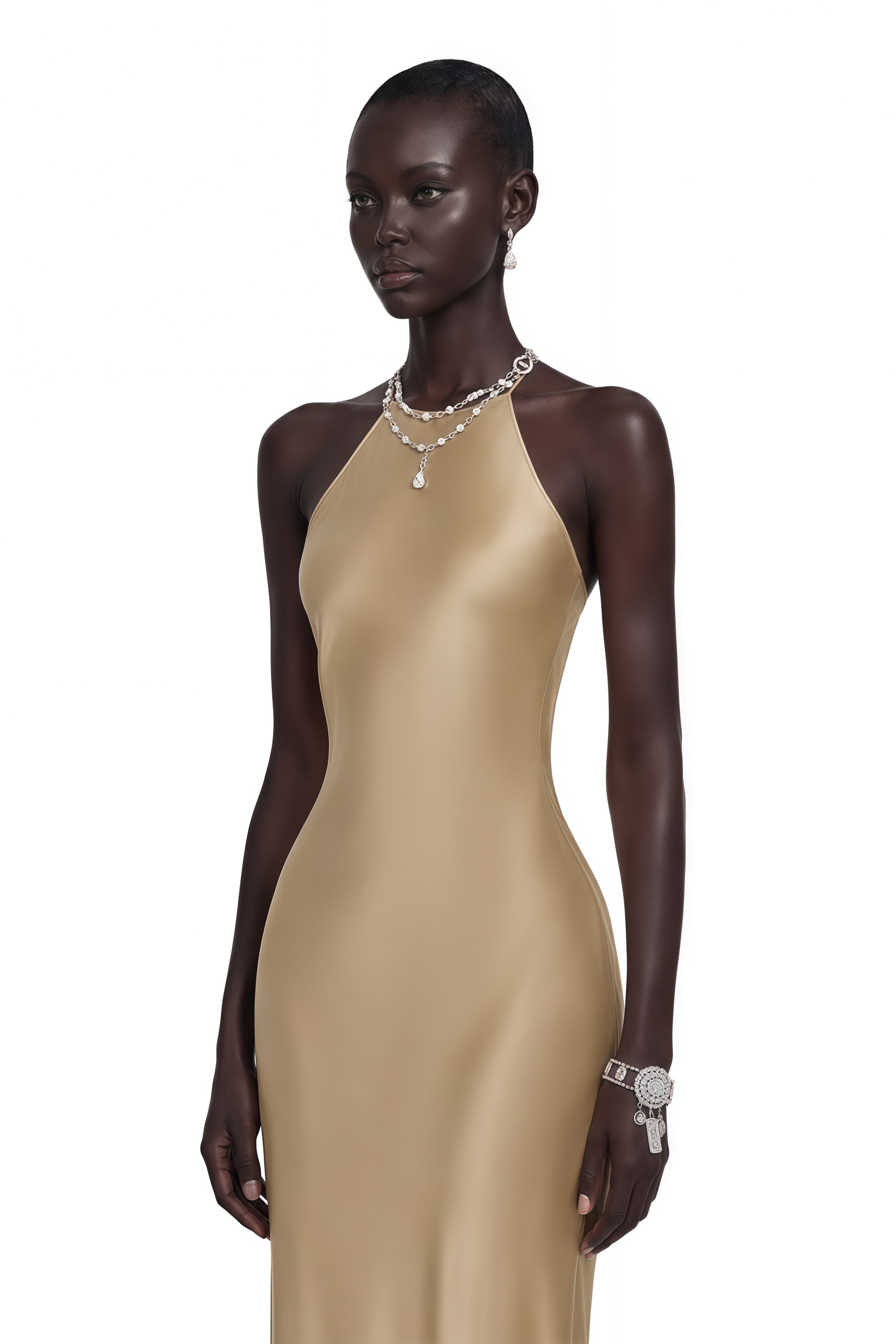 Gold satin halter maxi gown with latticed open back