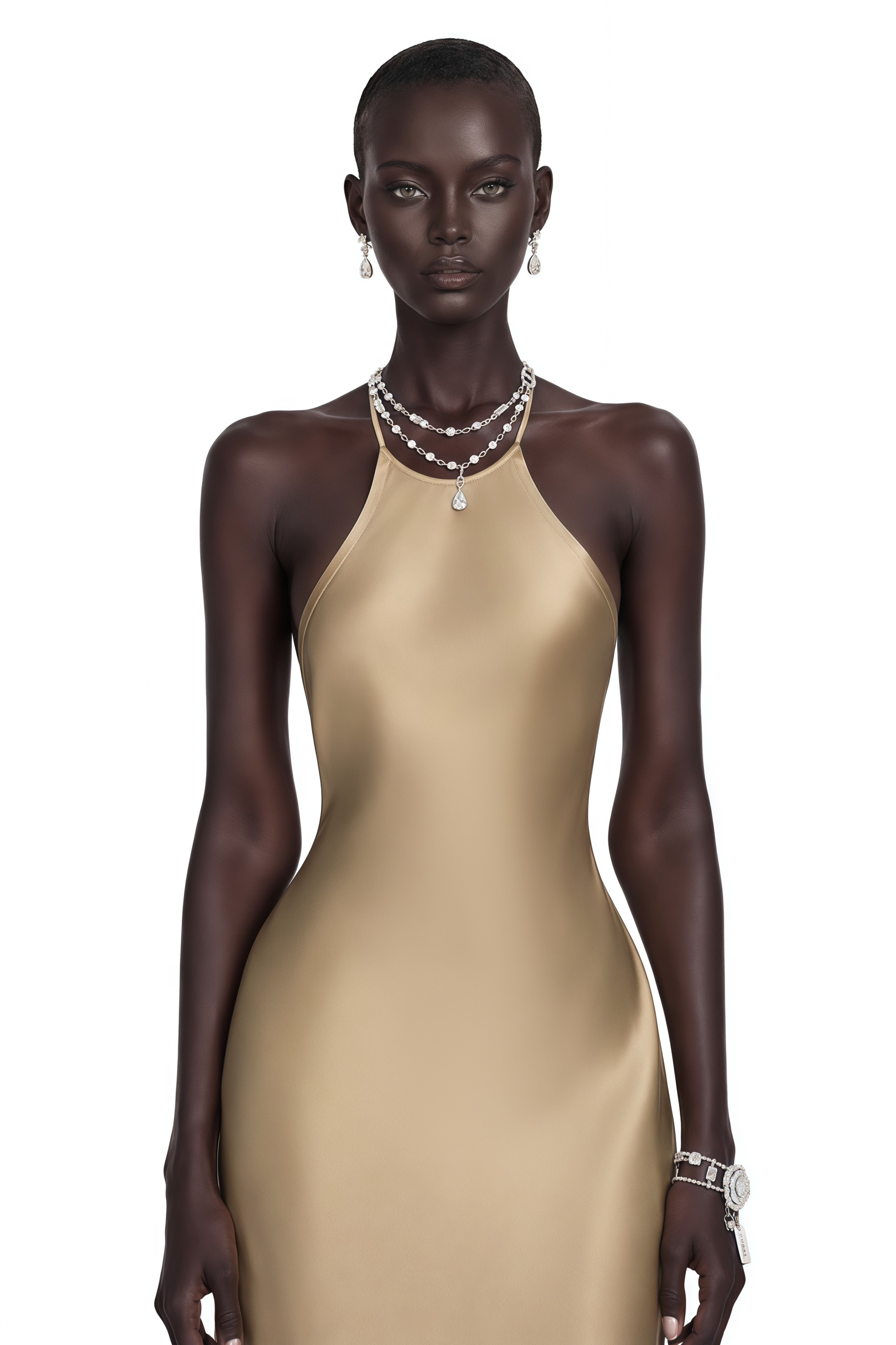 Gold satin halter maxi gown with latticed open back