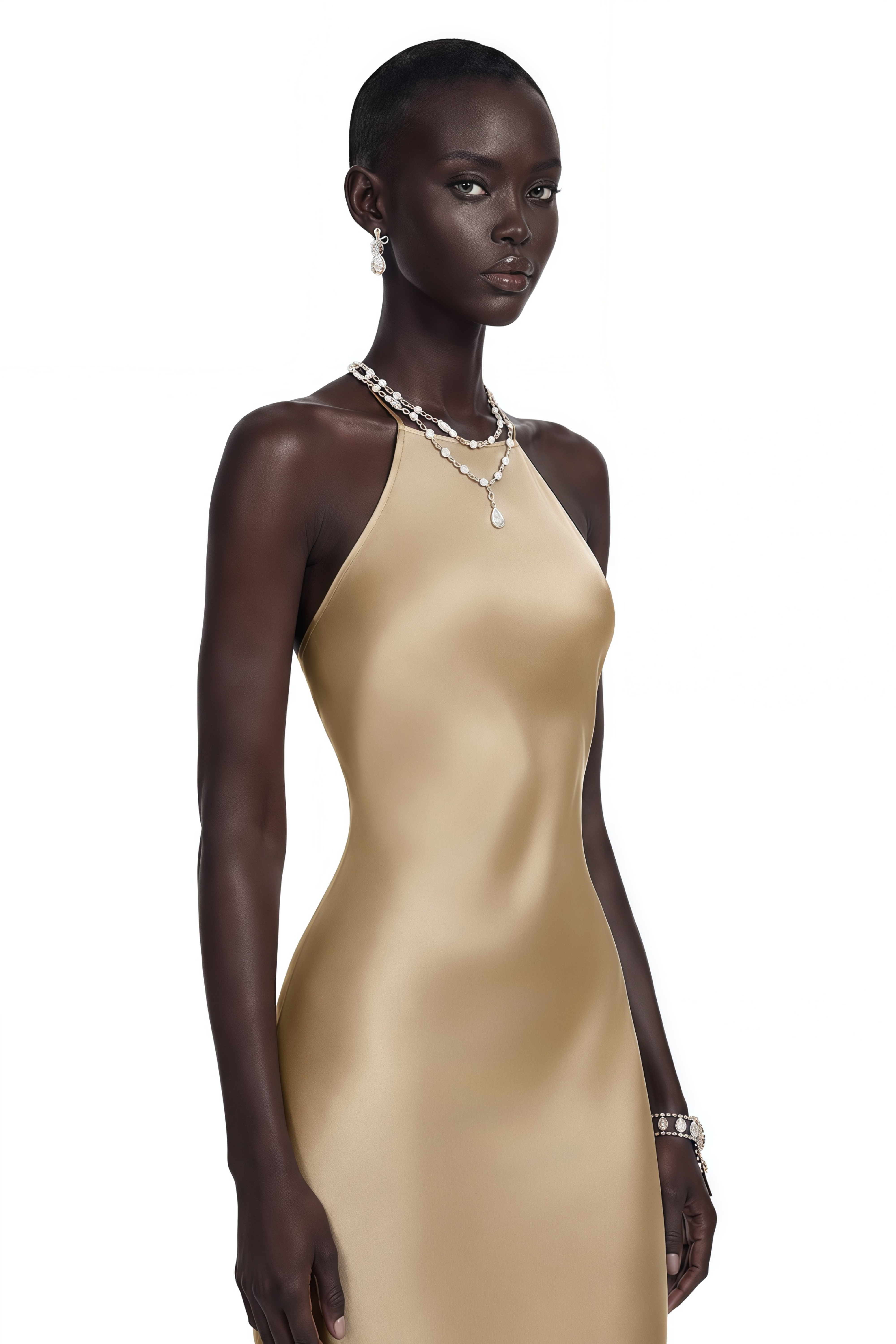 Gold satin halter maxi gown with latticed open back