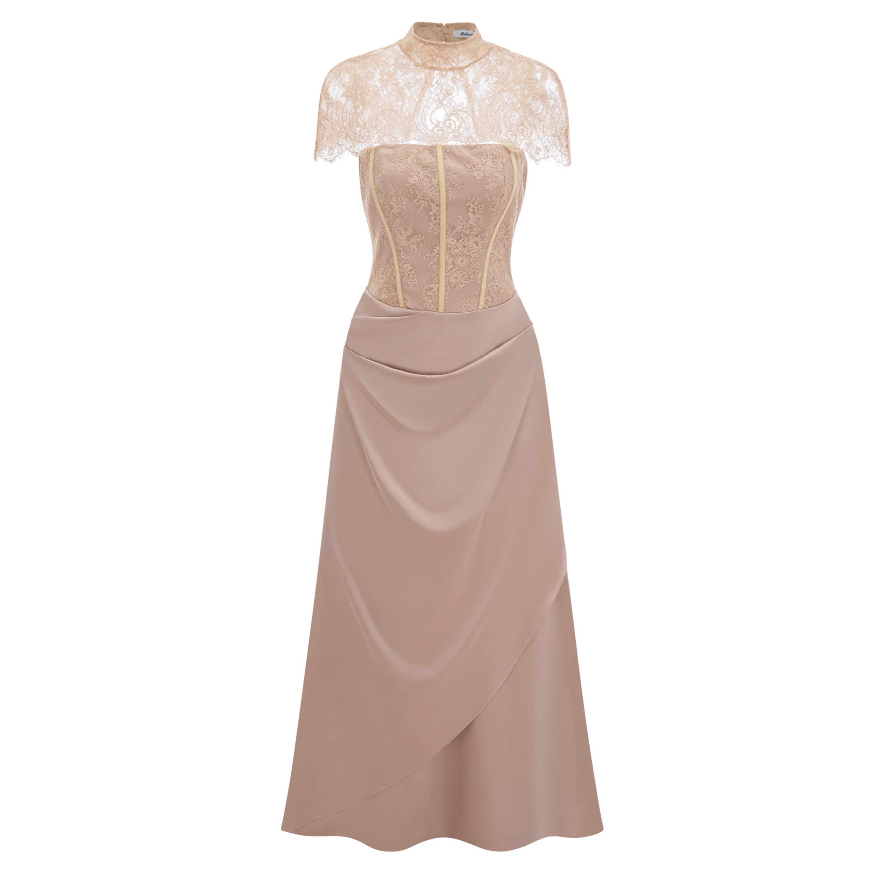 Lovise Neutral Ruched Maxi Dress with Lace Cape