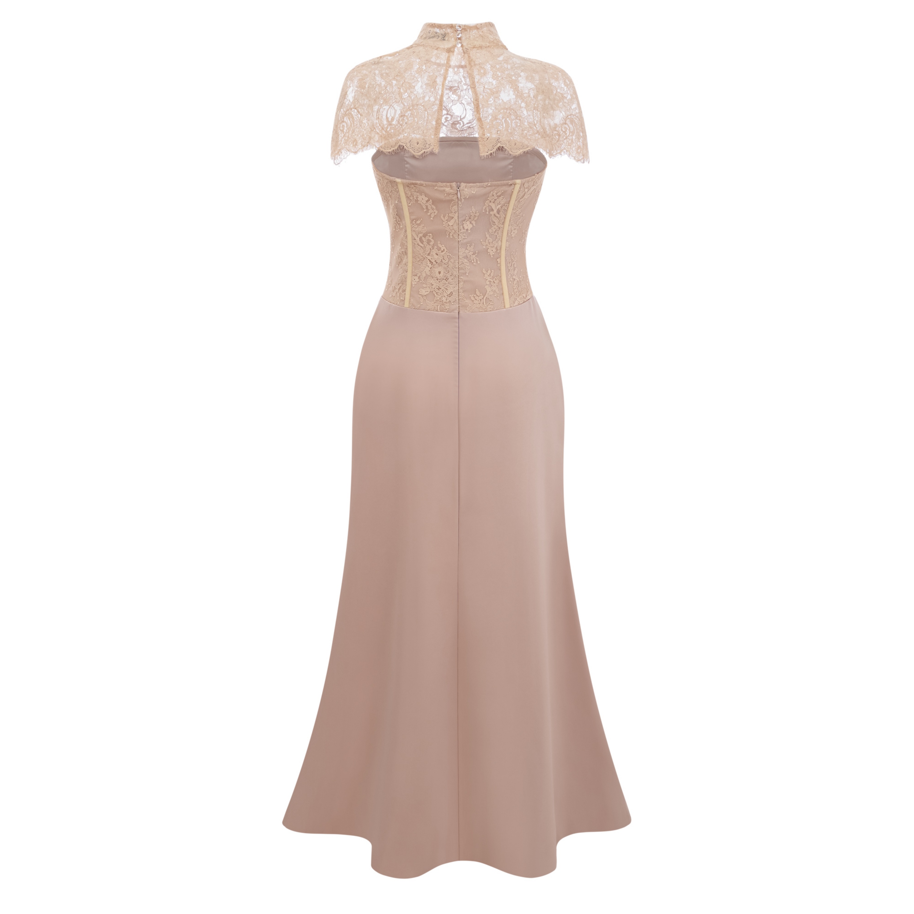 Lovise Neutral Ruched Maxi Dress with Lace Cape
