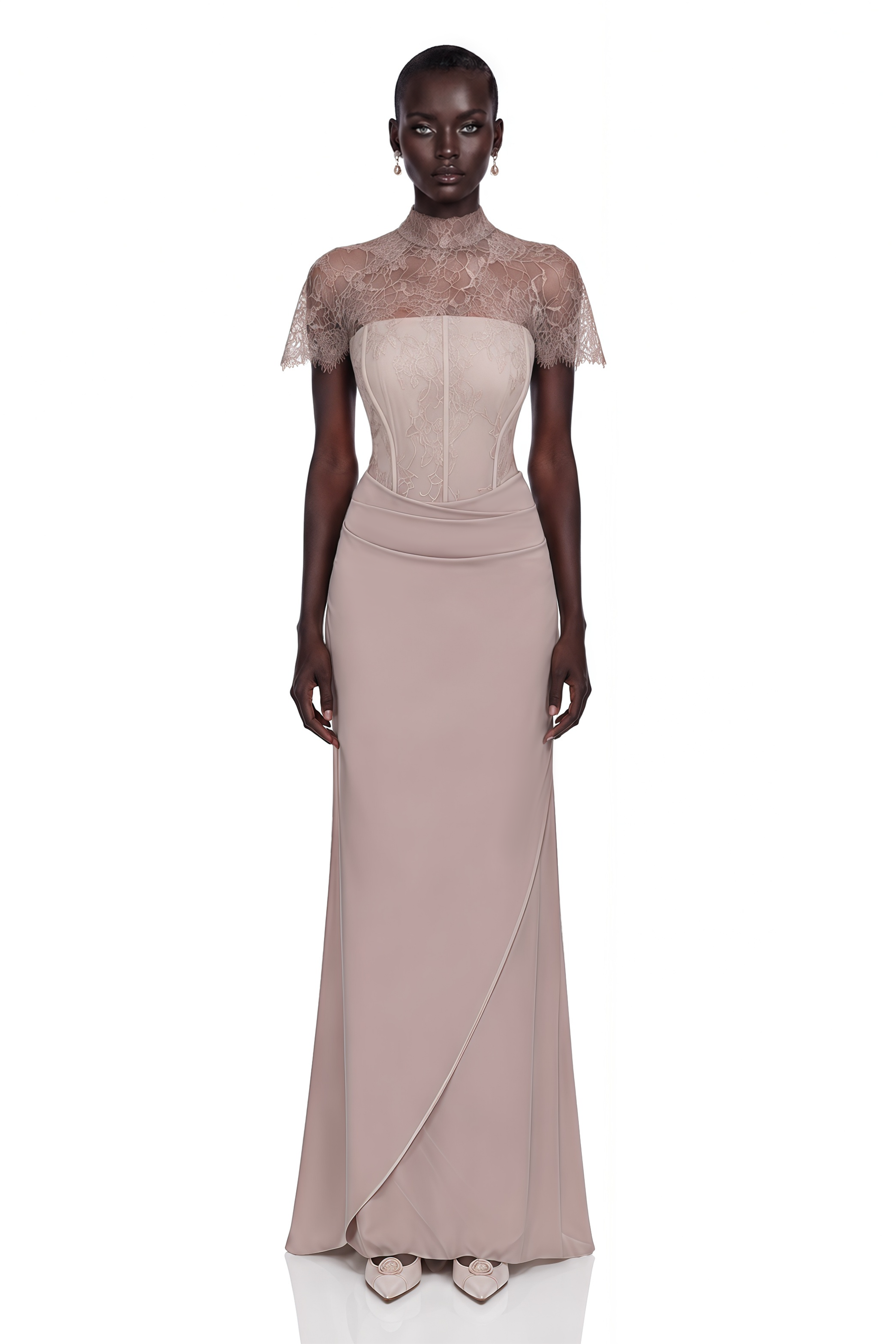 Lovise Neutral Ruched Maxi Dress with Lace Cape