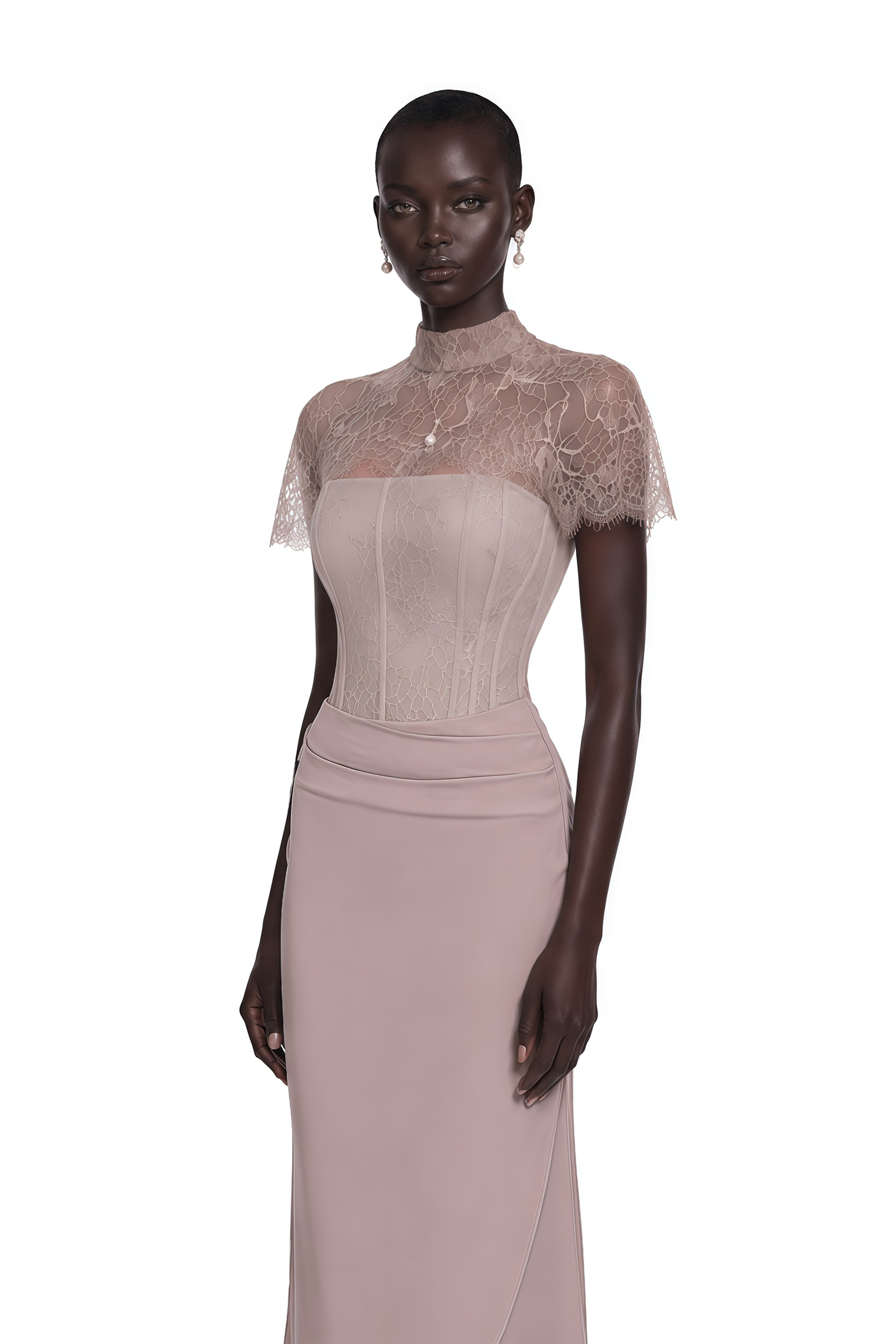 Lovise Neutral Ruched Maxi Dress with Lace Cape