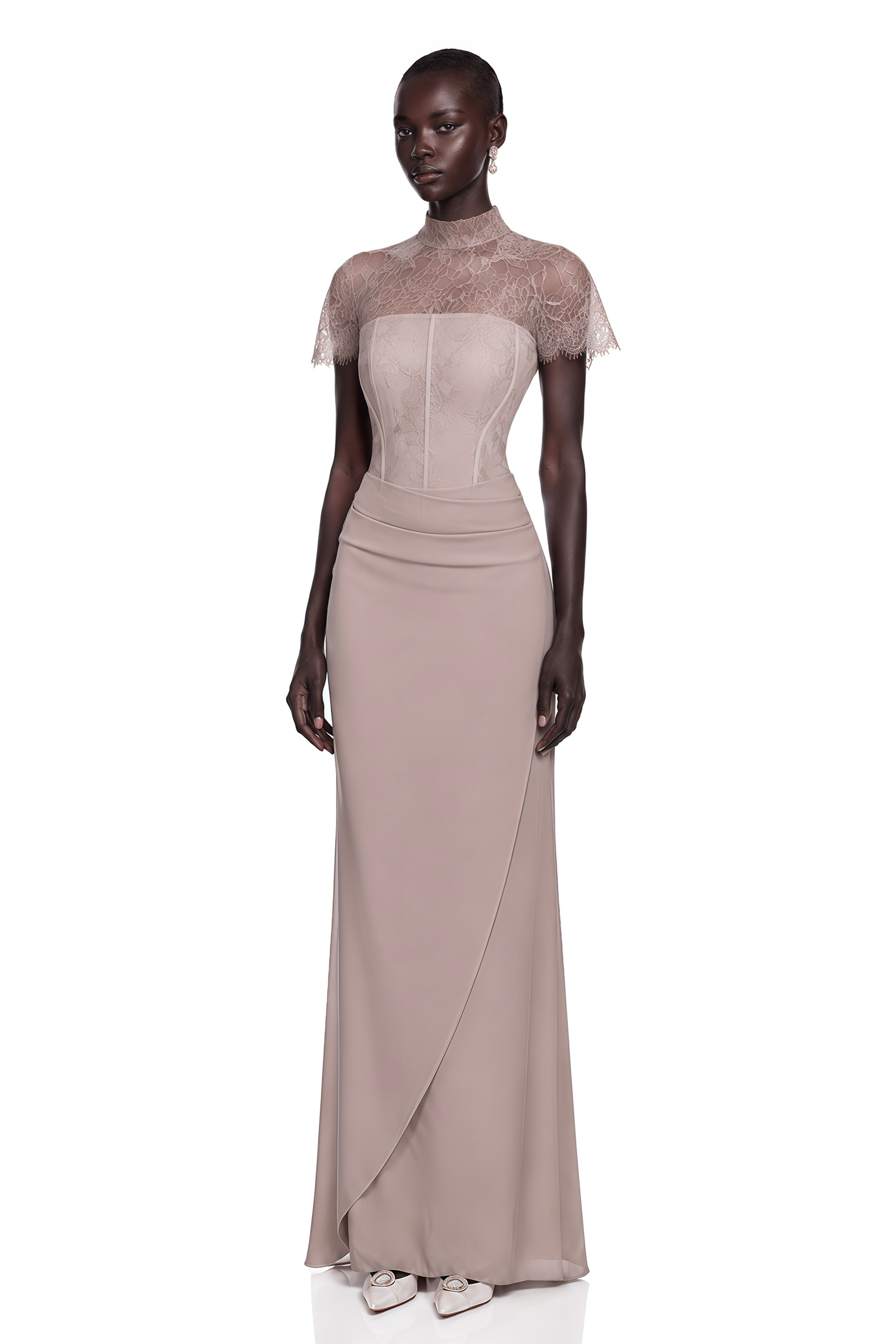 Lovise Neutral Ruched Maxi Dress with Lace Cape