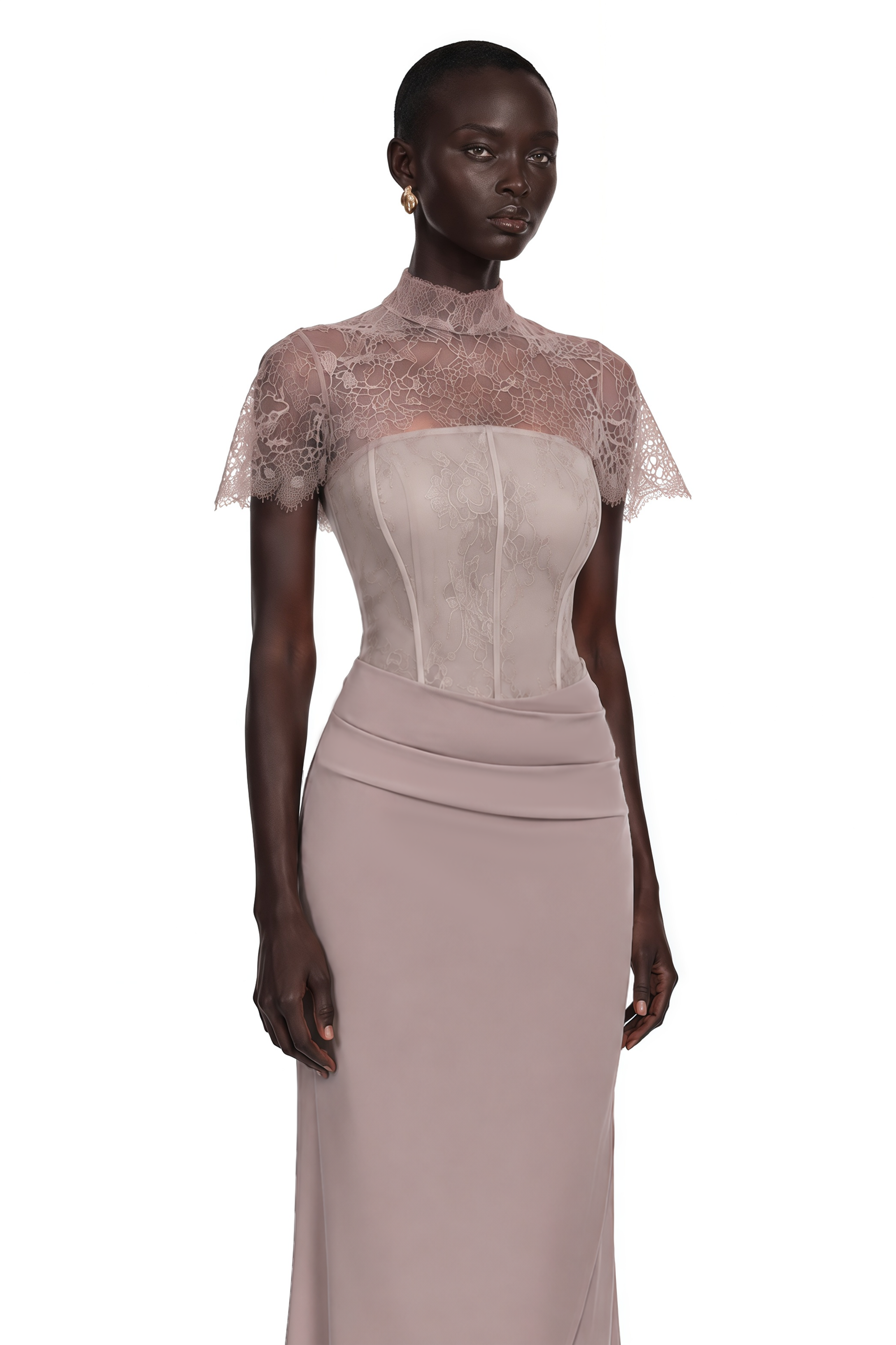 Lovise Neutral Ruched Maxi Dress with Lace Cape