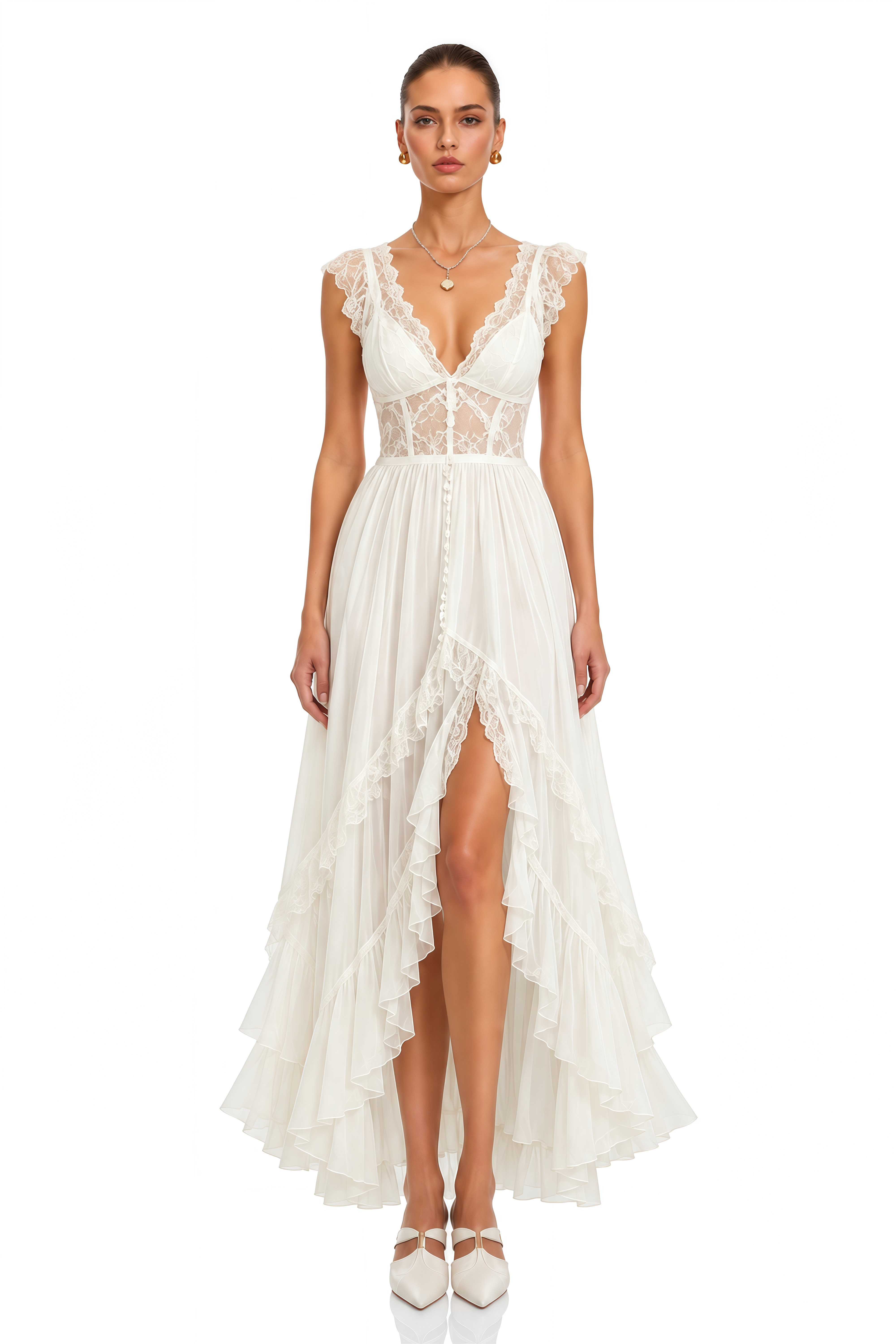 Lucasta White Lace Ruffle High Low Maxi Dress