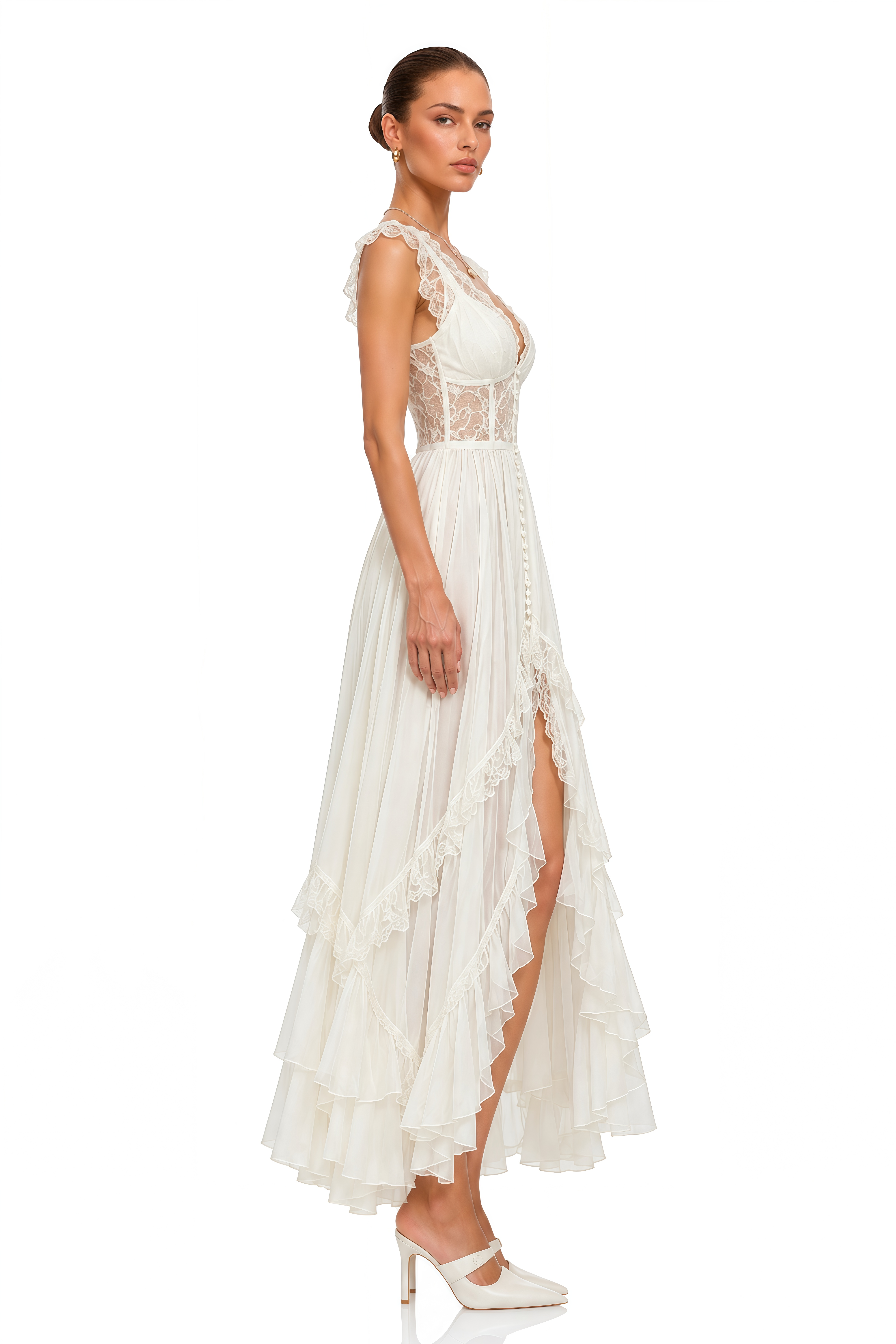 Lucasta White Lace Ruffle High Low Maxi Dress