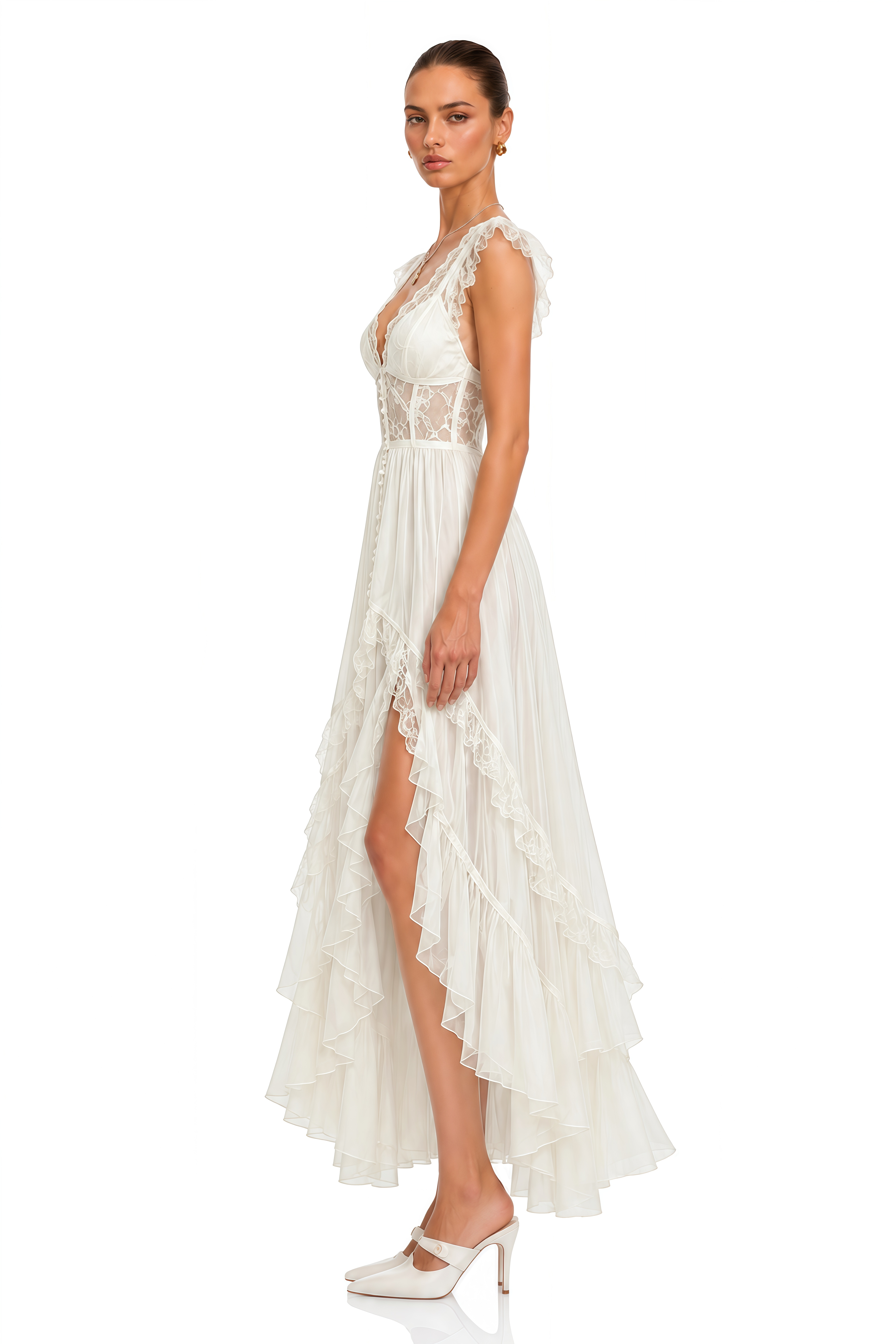 Lucasta White Lace Ruffle High Low Maxi Dress