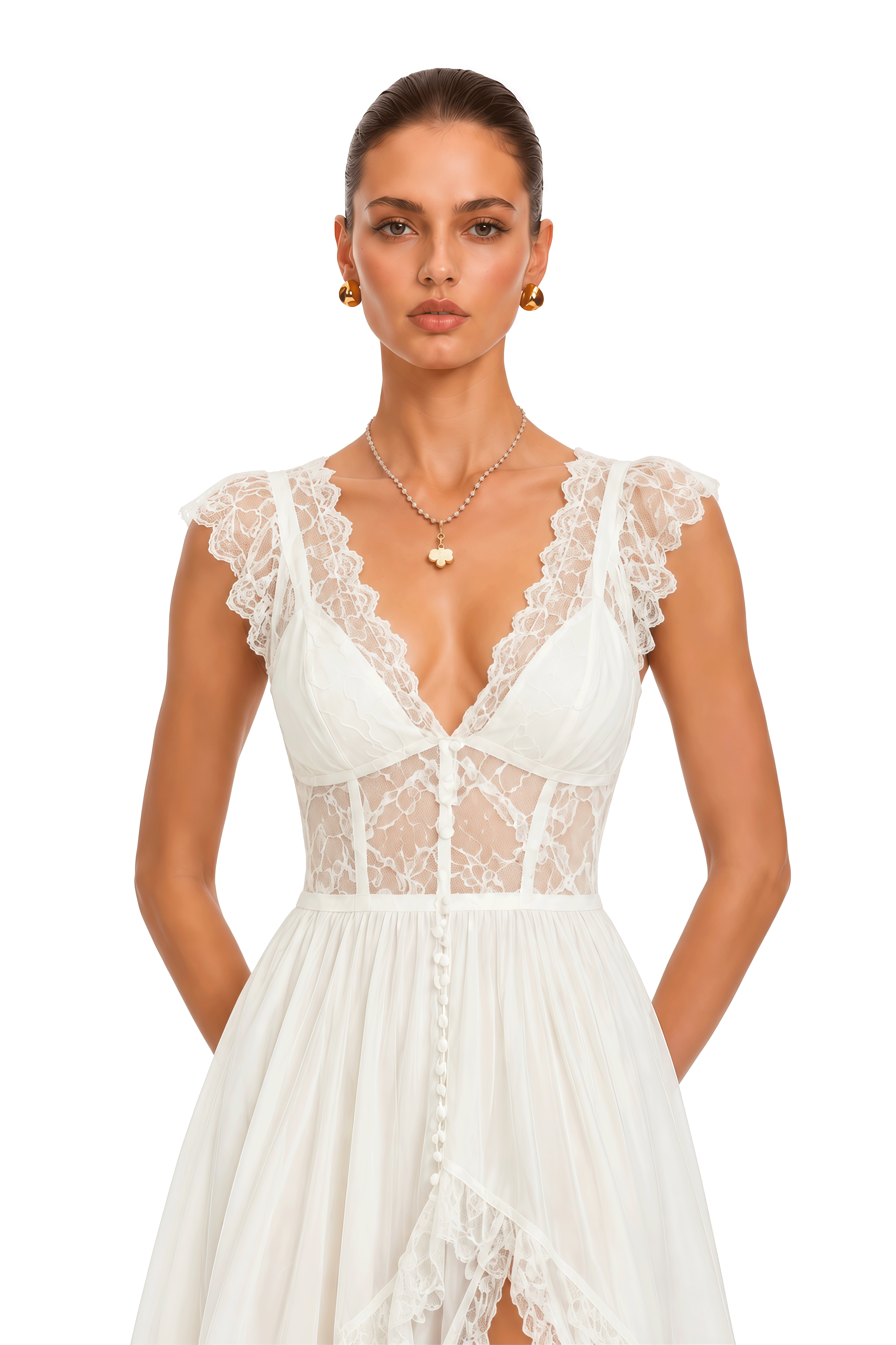 Lucasta White Lace Ruffle High Low Maxi Dress