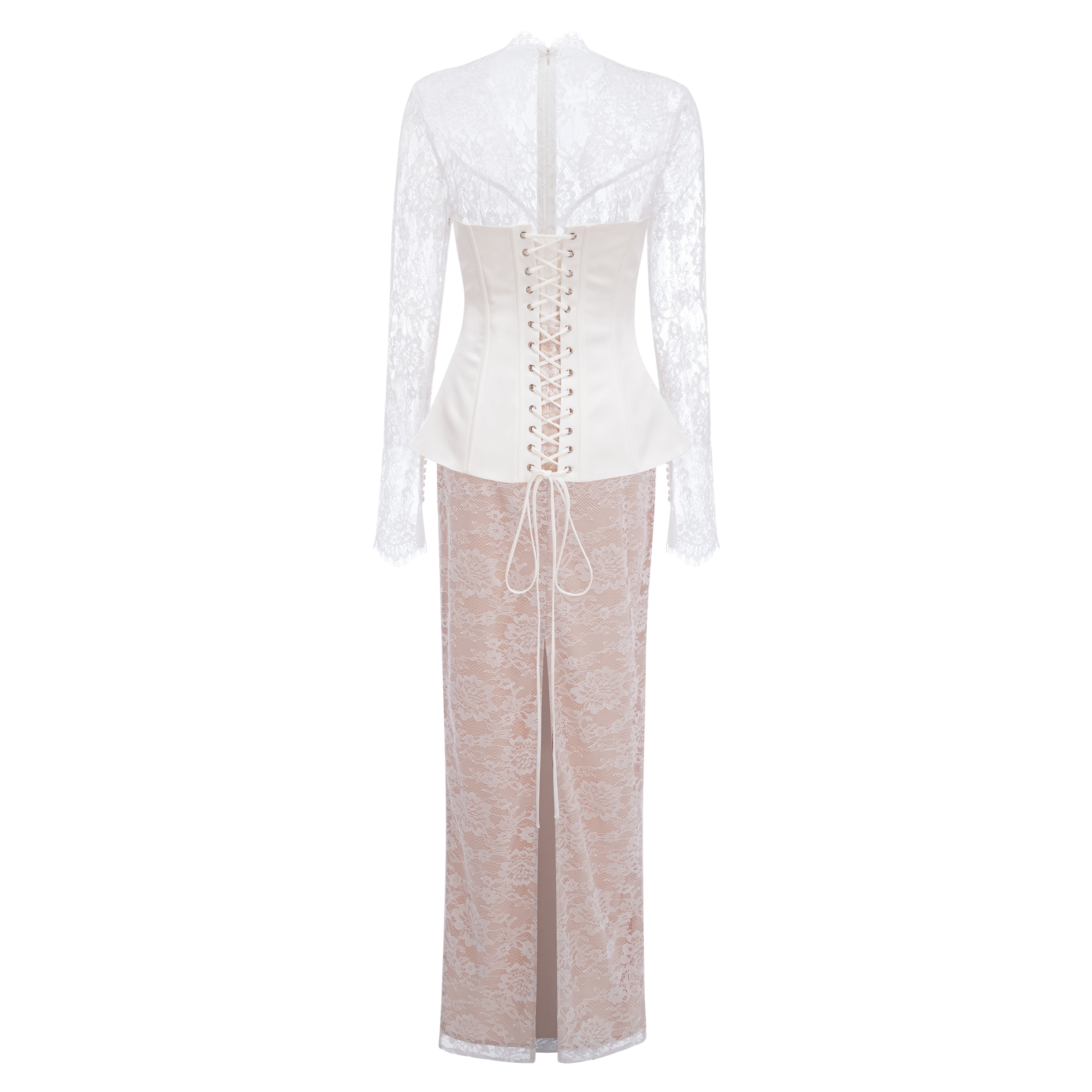 Luciana White Plunge Neck Maxi Dress with Lace Panel