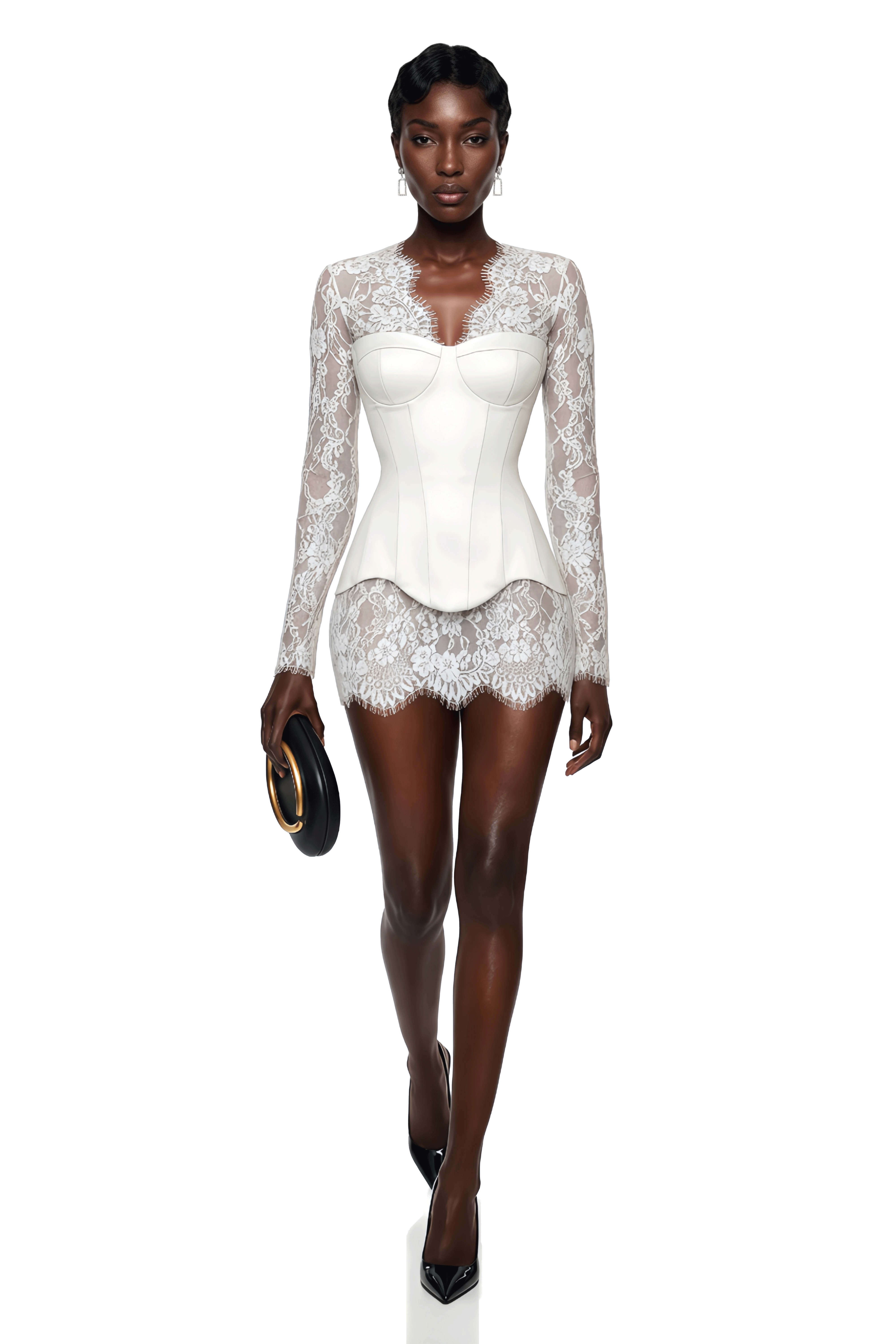 Luciana White Plunge Neck Mini Dress with Lace Panel
