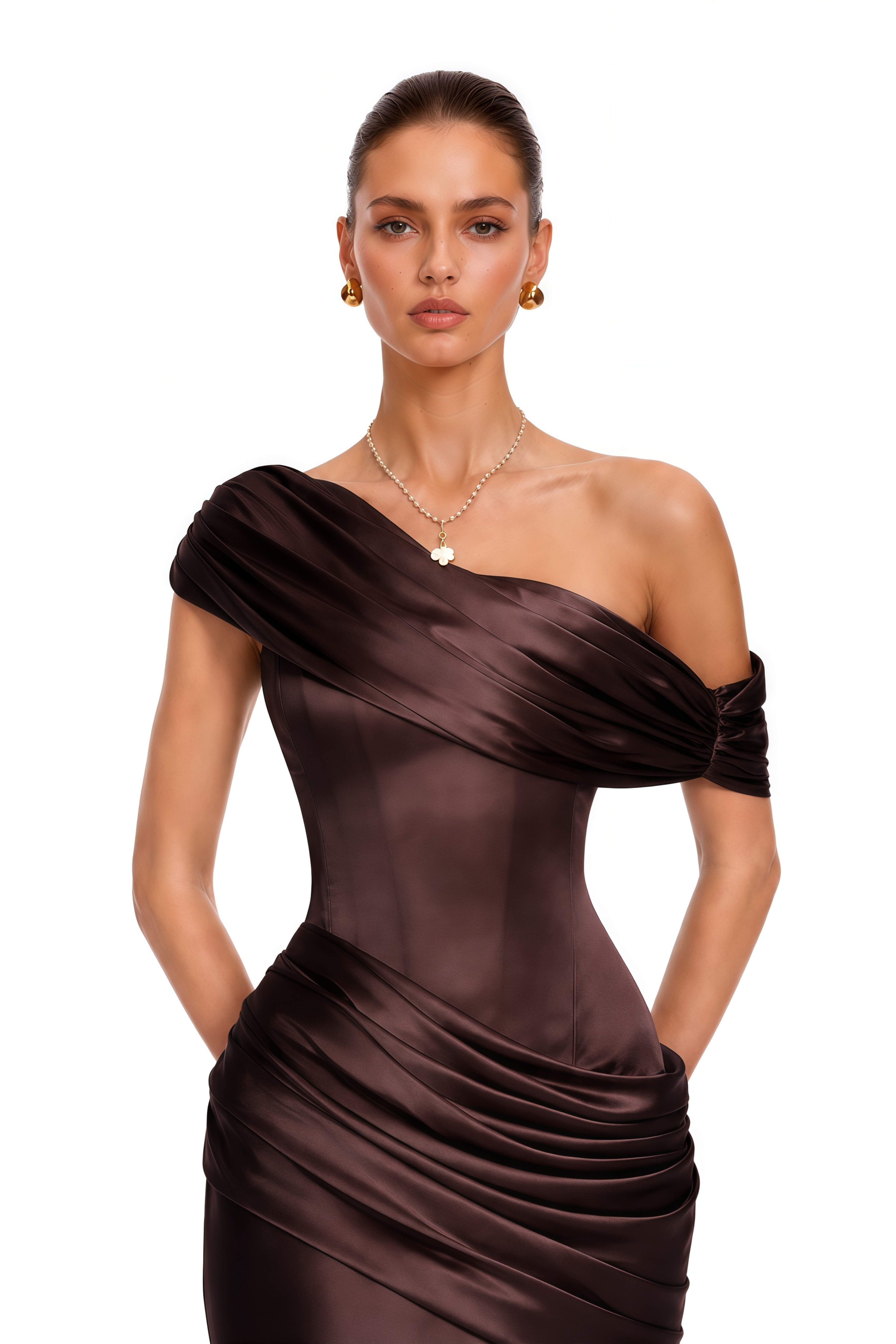 Lucienne Brown One Shoulder Ruched Maxi Dress