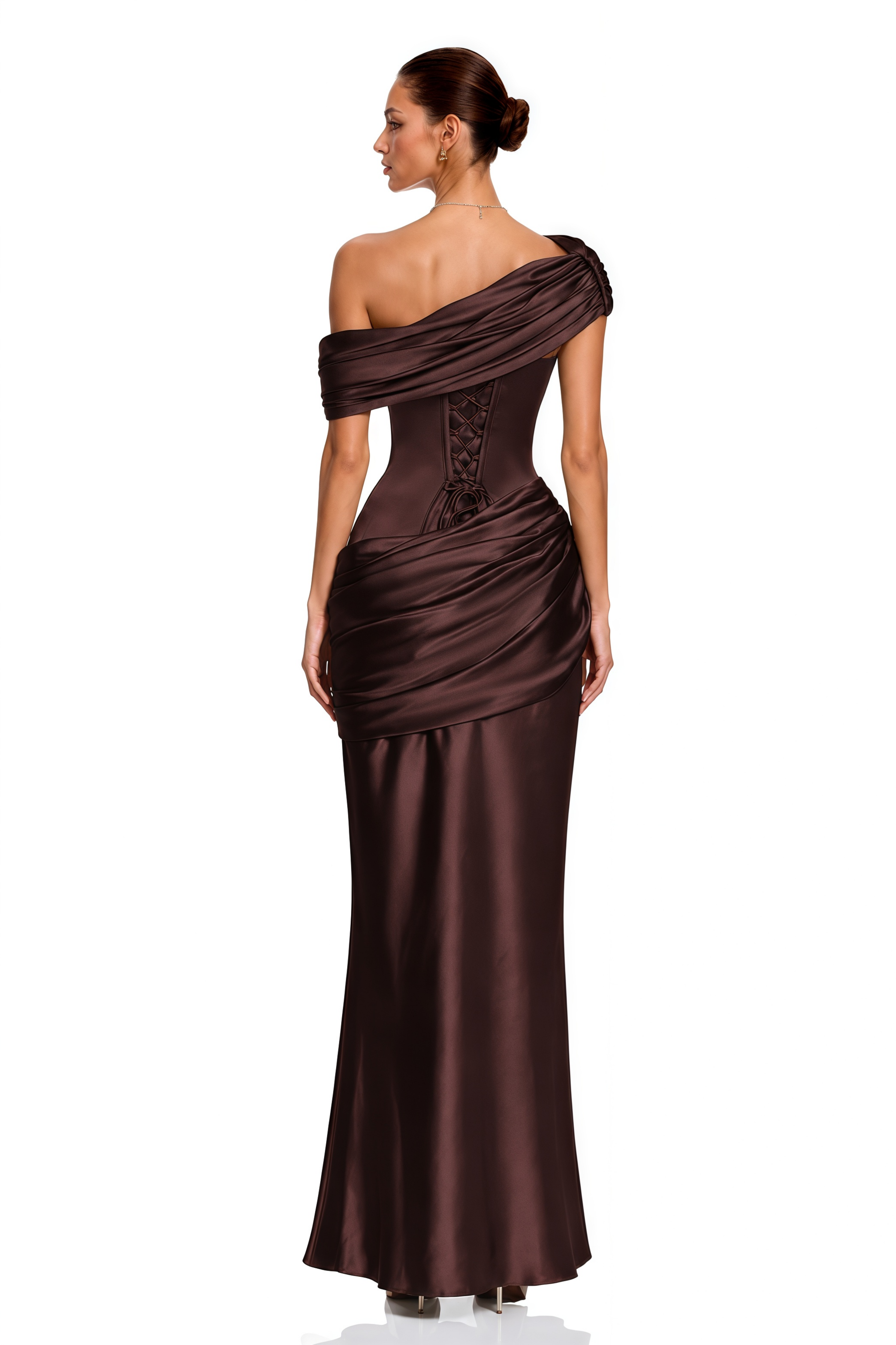 Lucienne Brown One Shoulder Ruched Maxi Dress