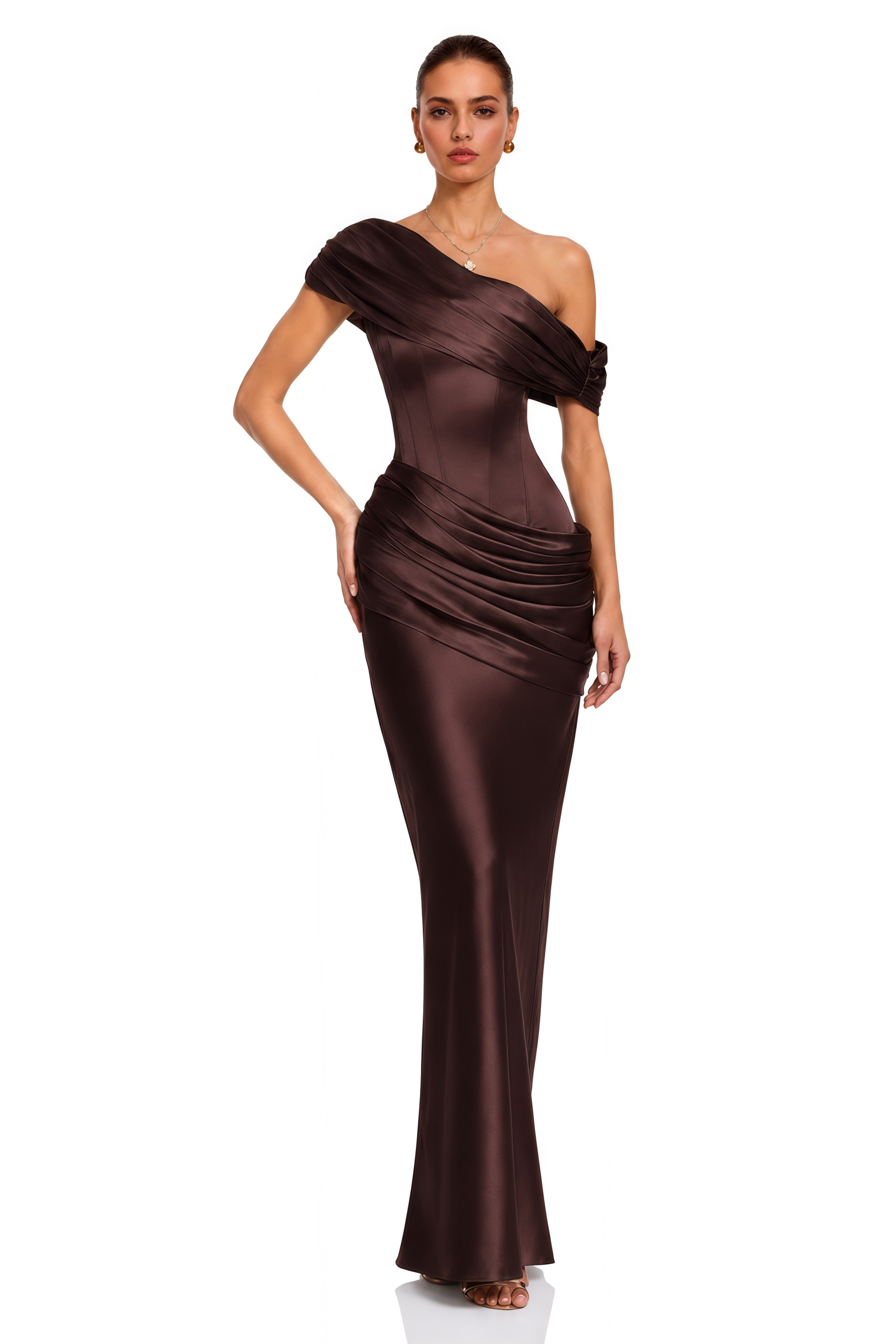 Lucienne Brown One Shoulder Ruched Maxi Dress