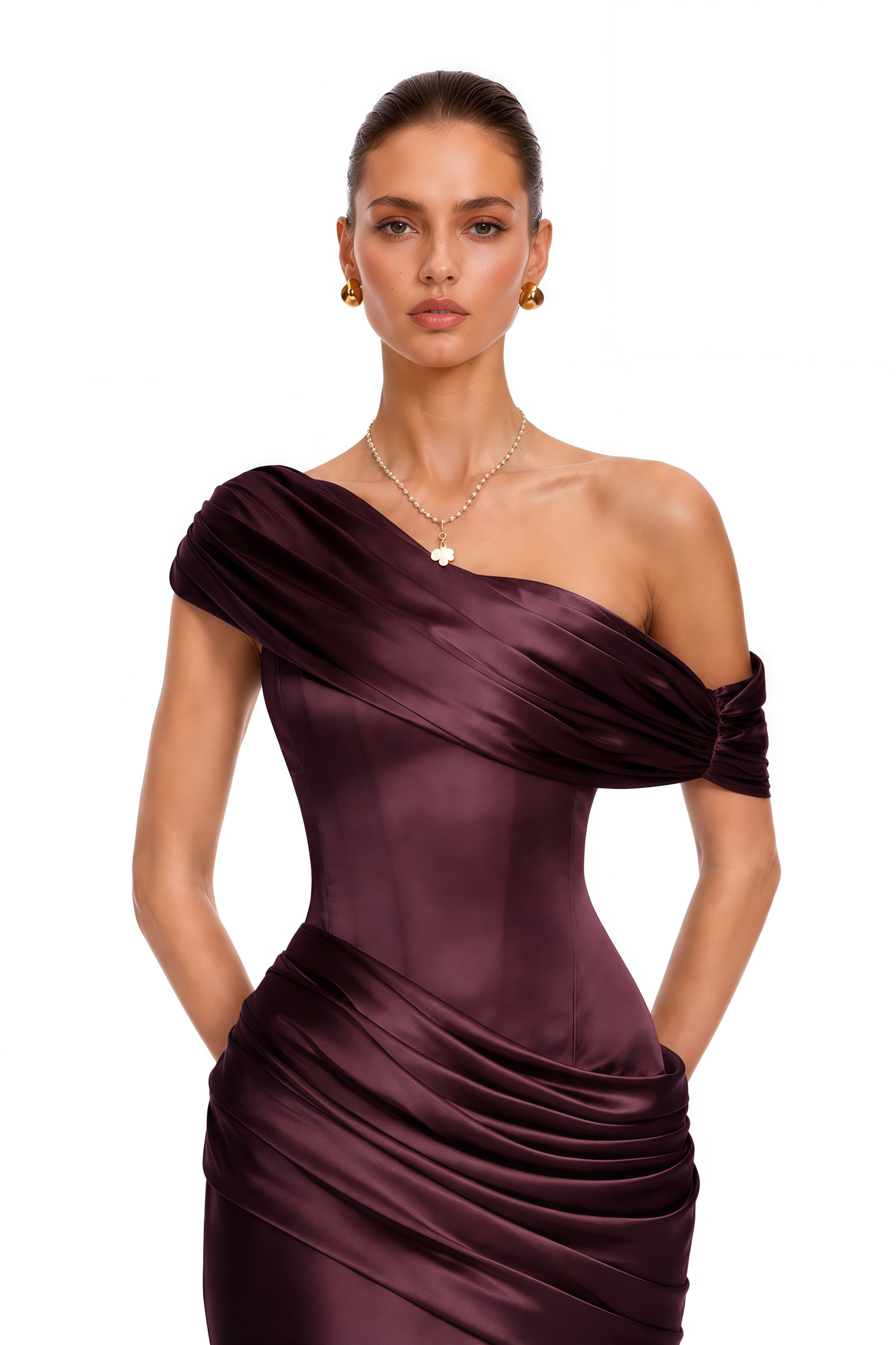 Lucienne Burgundy One Shoulder Ruched Maxi Dress