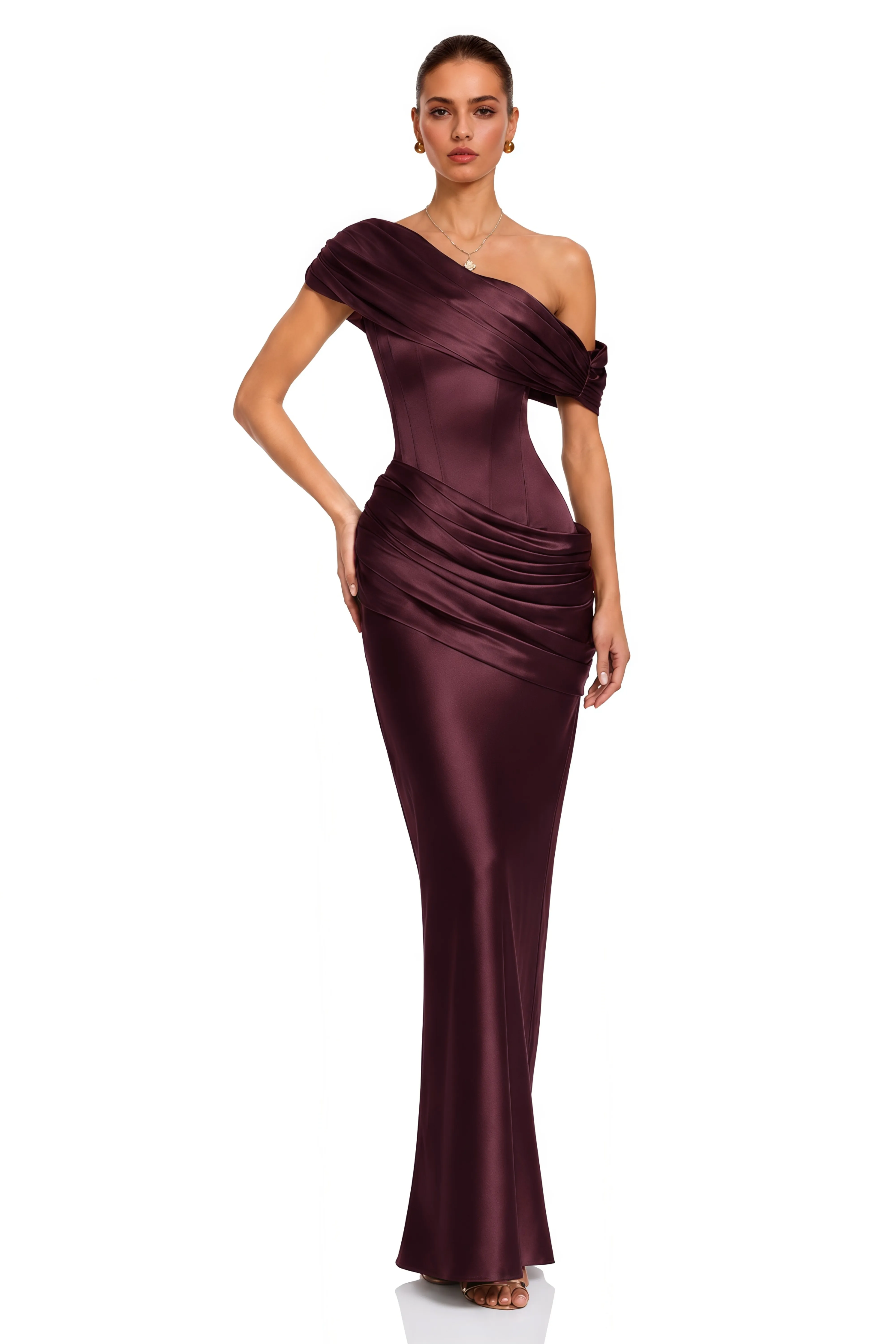 burgundy one shoulder maxi dress Lucienne Ruched – Miss Rosier Single off Steppin Out dress Disney Hollywood Studios Brown US Size:US10