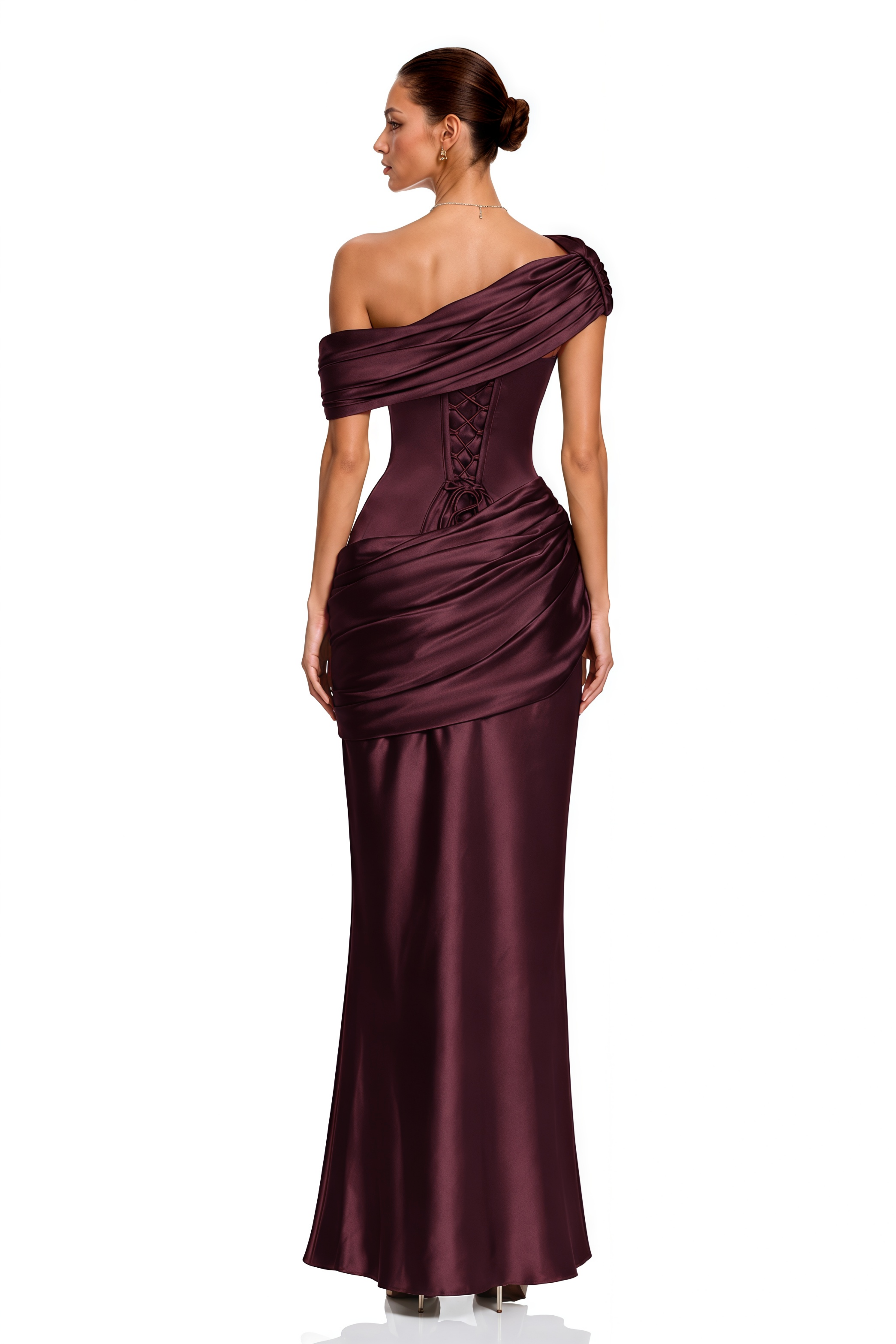 Lucienne Burgundy One Shoulder Ruched Maxi Dress