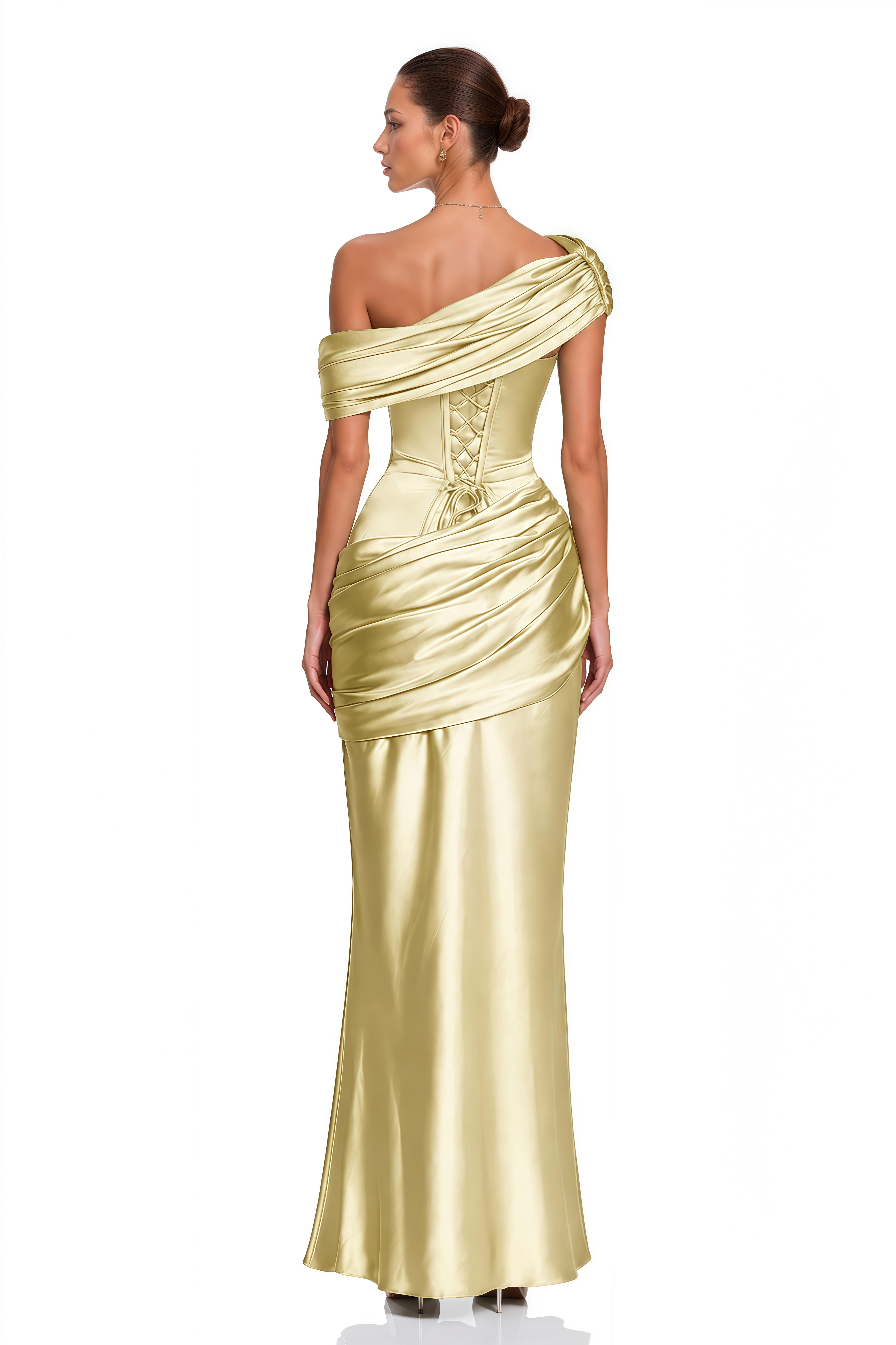 Lucienne Gold One Shoulder Ruched Maxi Dress
