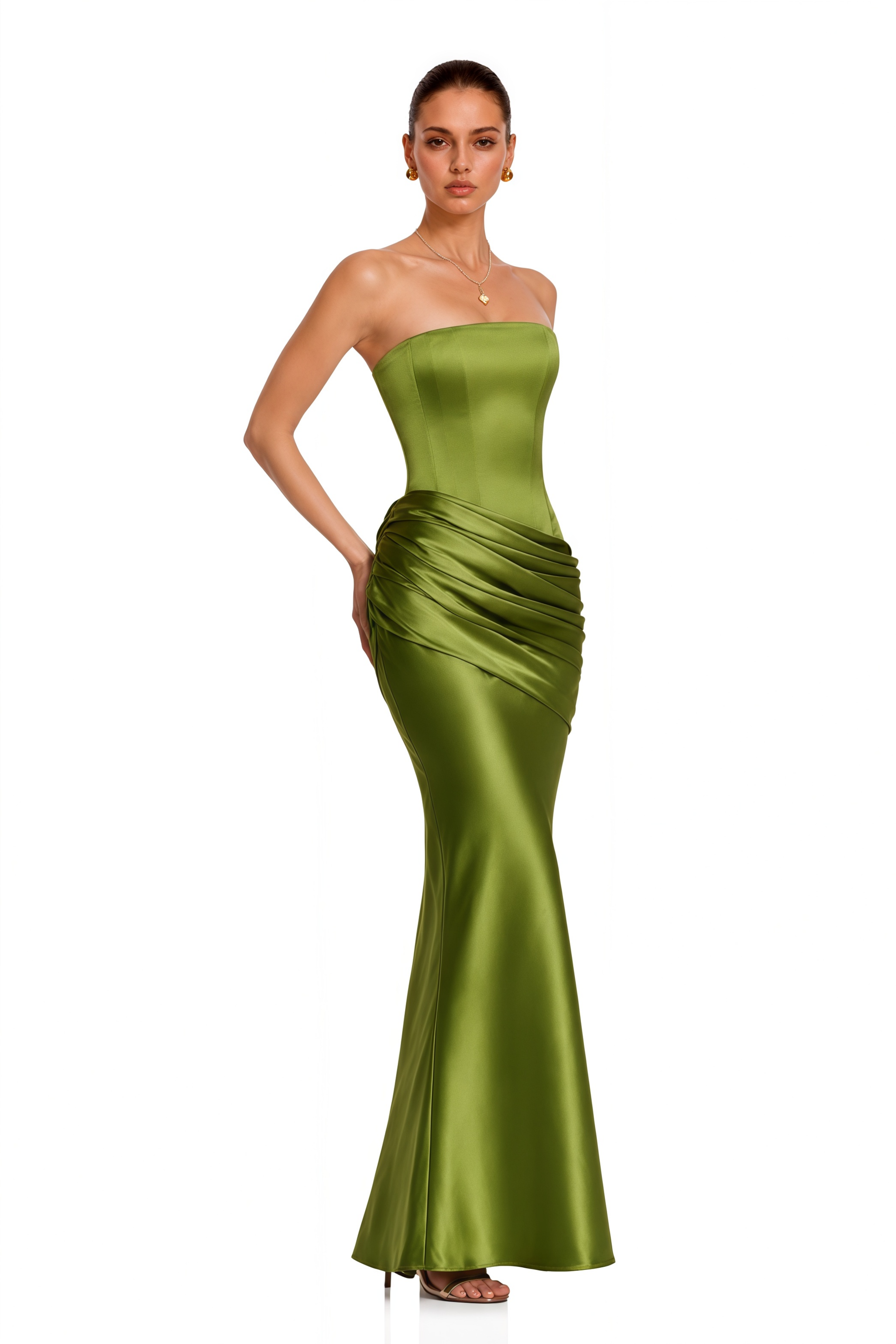 Lucienne Olive Green One Shoulder Ruched Maxi Dress