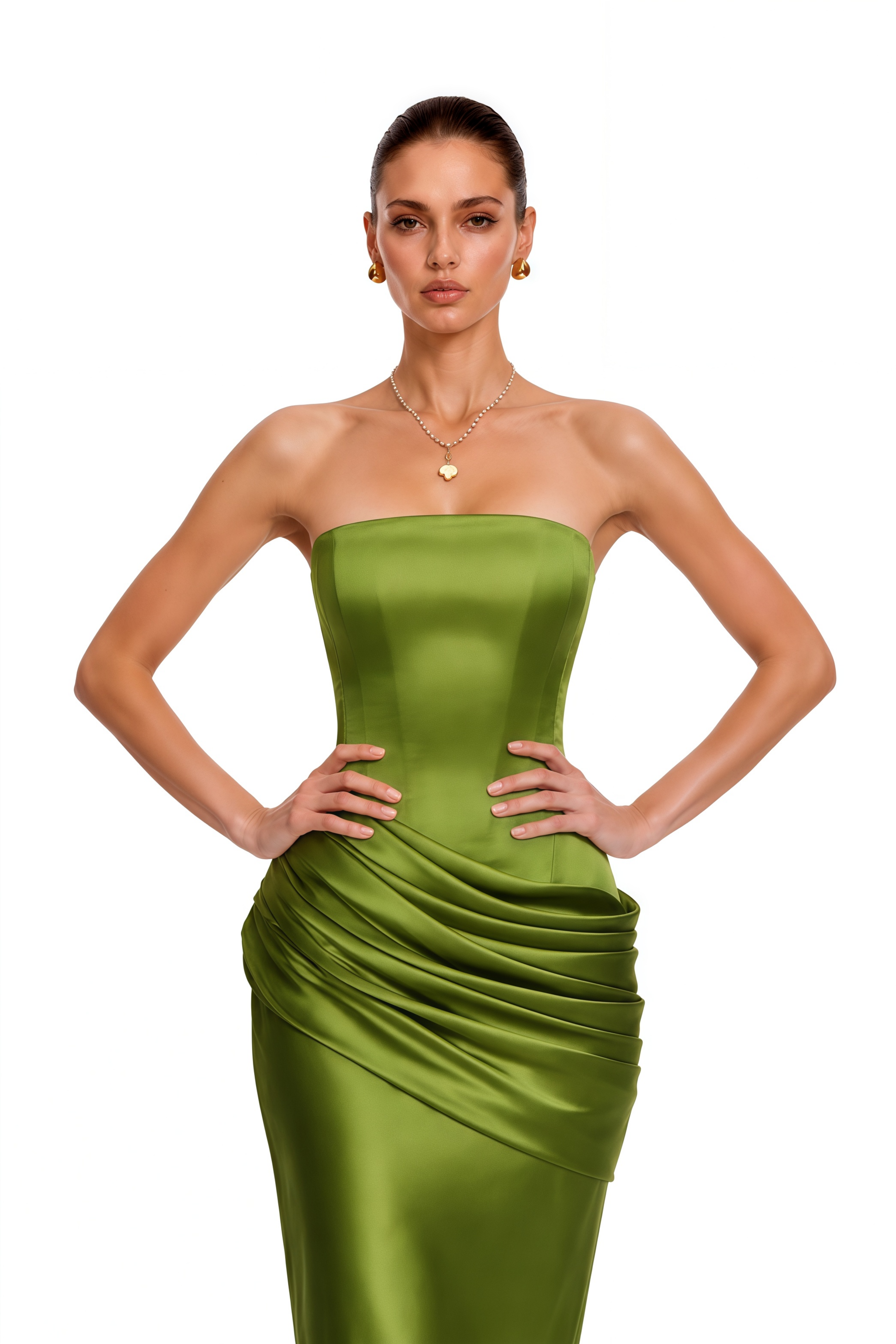 Lucienne Olive Green One Shoulder Ruched Maxi Dress