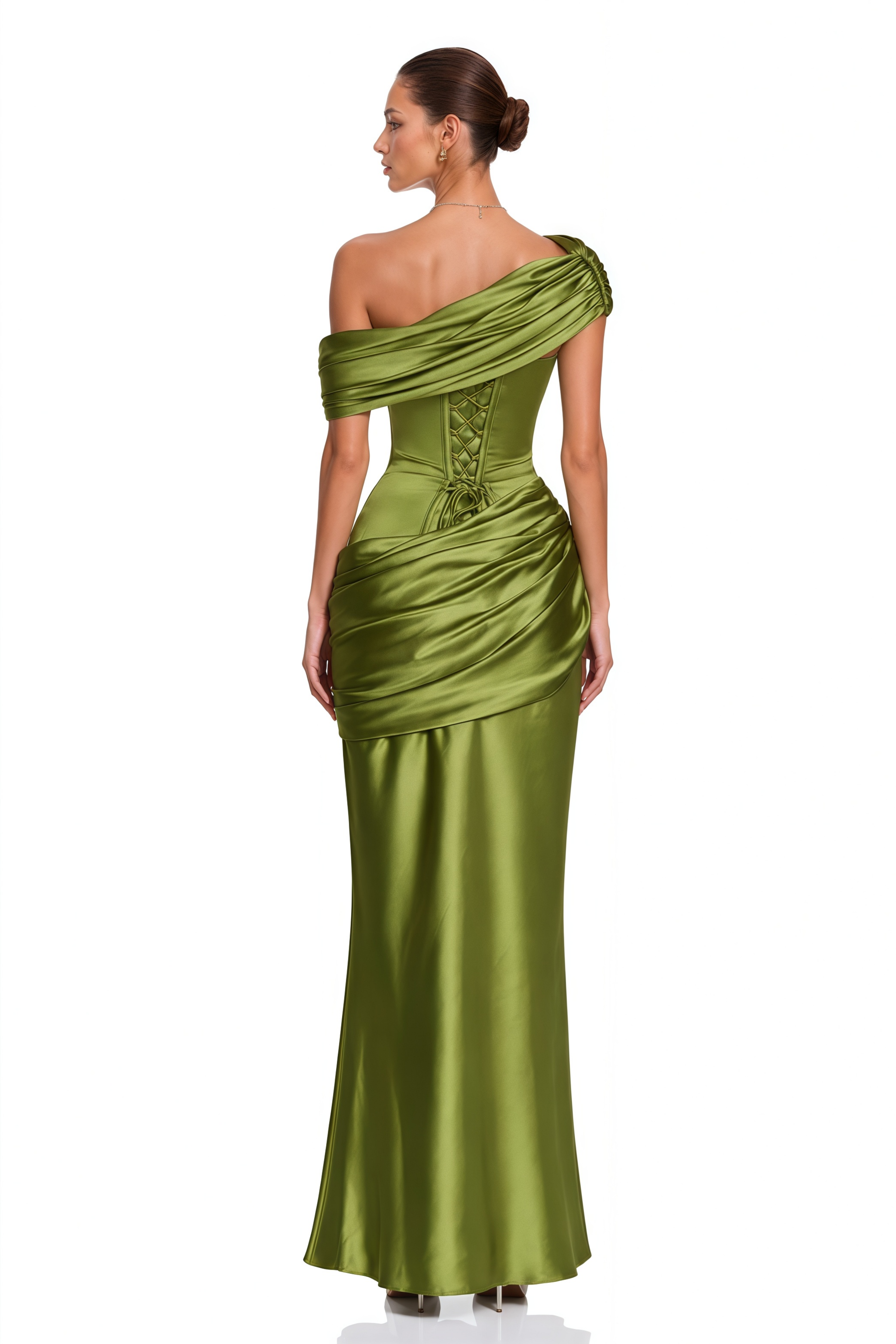 Lucienne Olive Green One Shoulder Ruched Maxi Dress