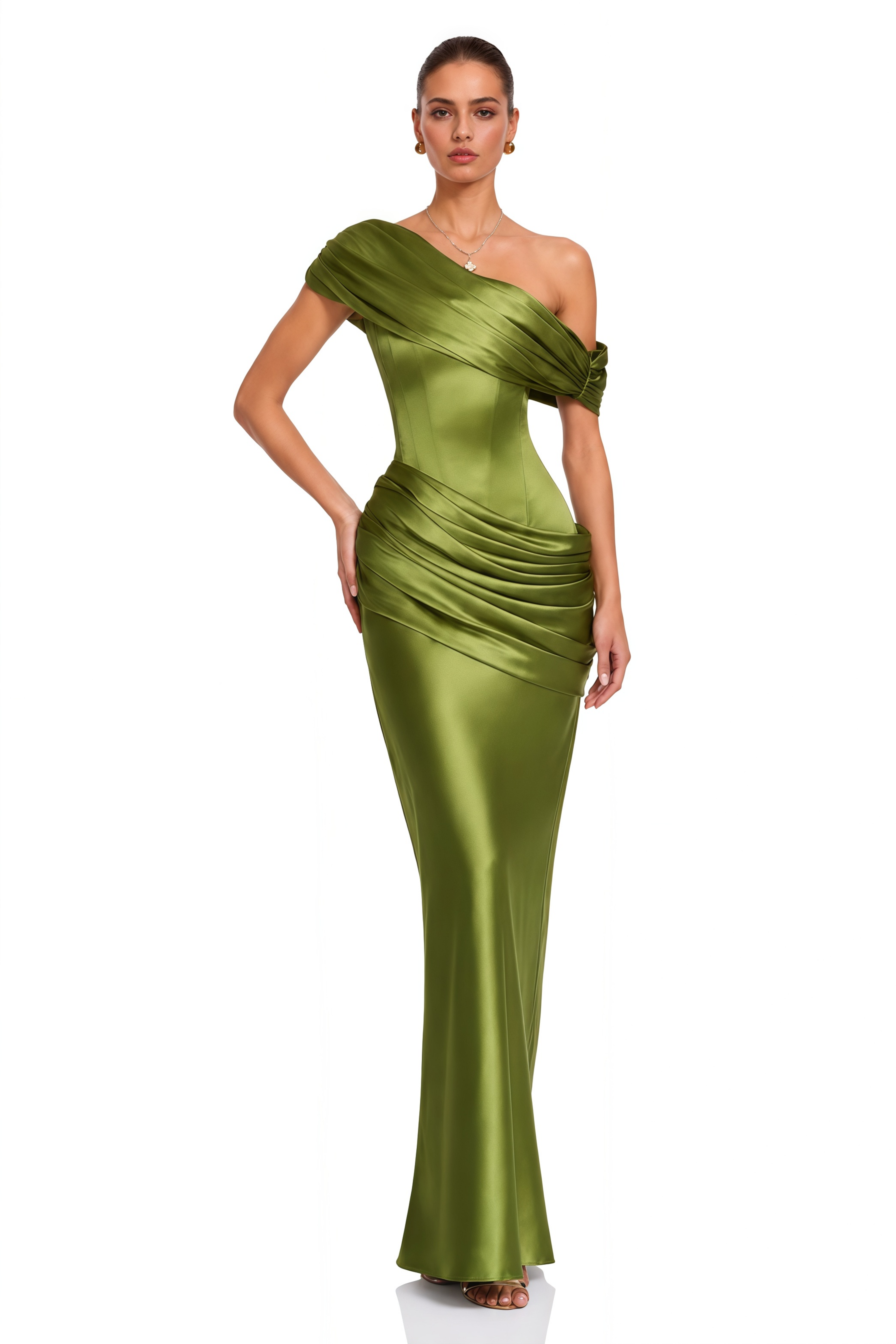 Lucienne Olive Green One Shoulder Ruched Maxi Dress