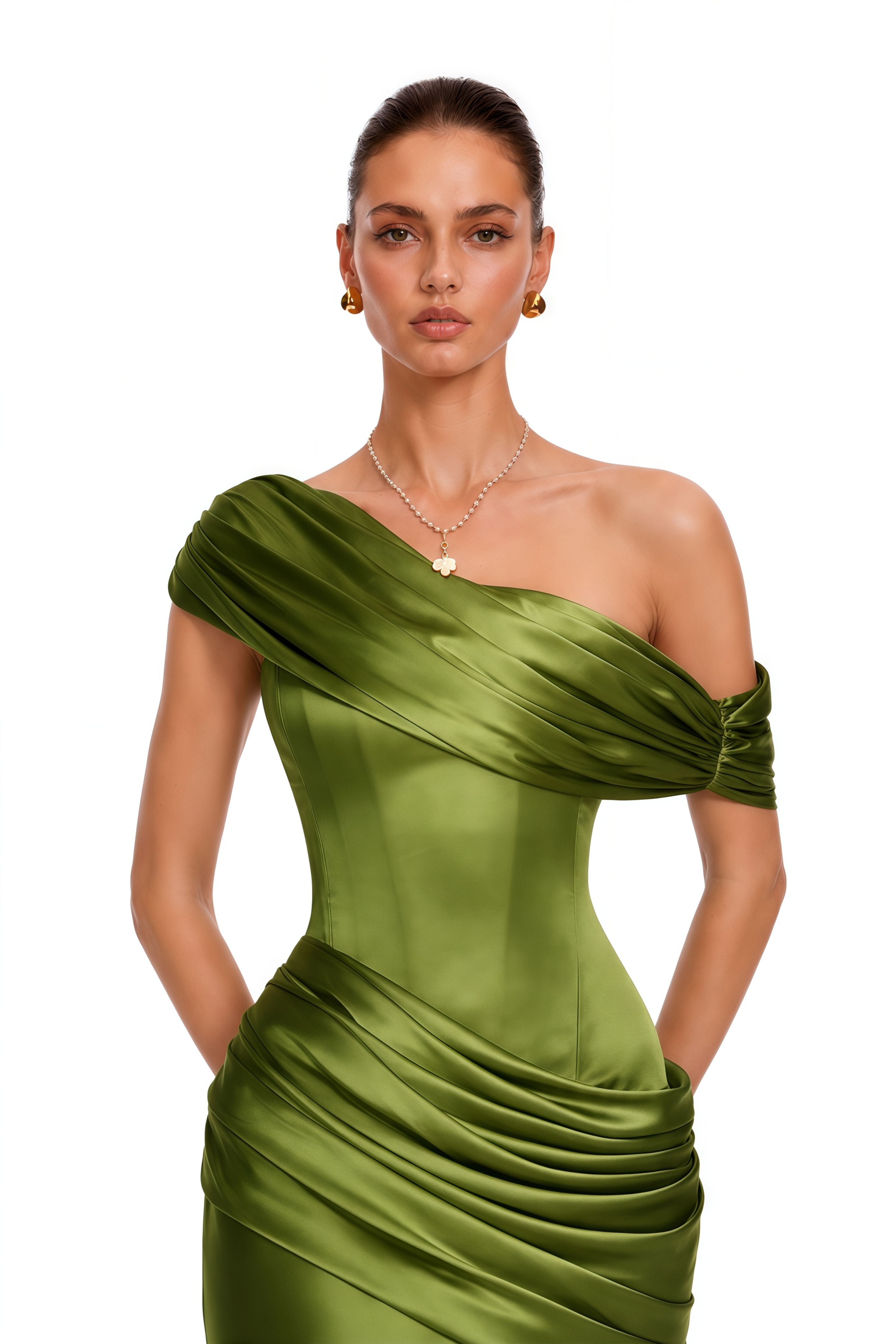 Lucienne Olive Green One Shoulder Ruched Maxi Dress