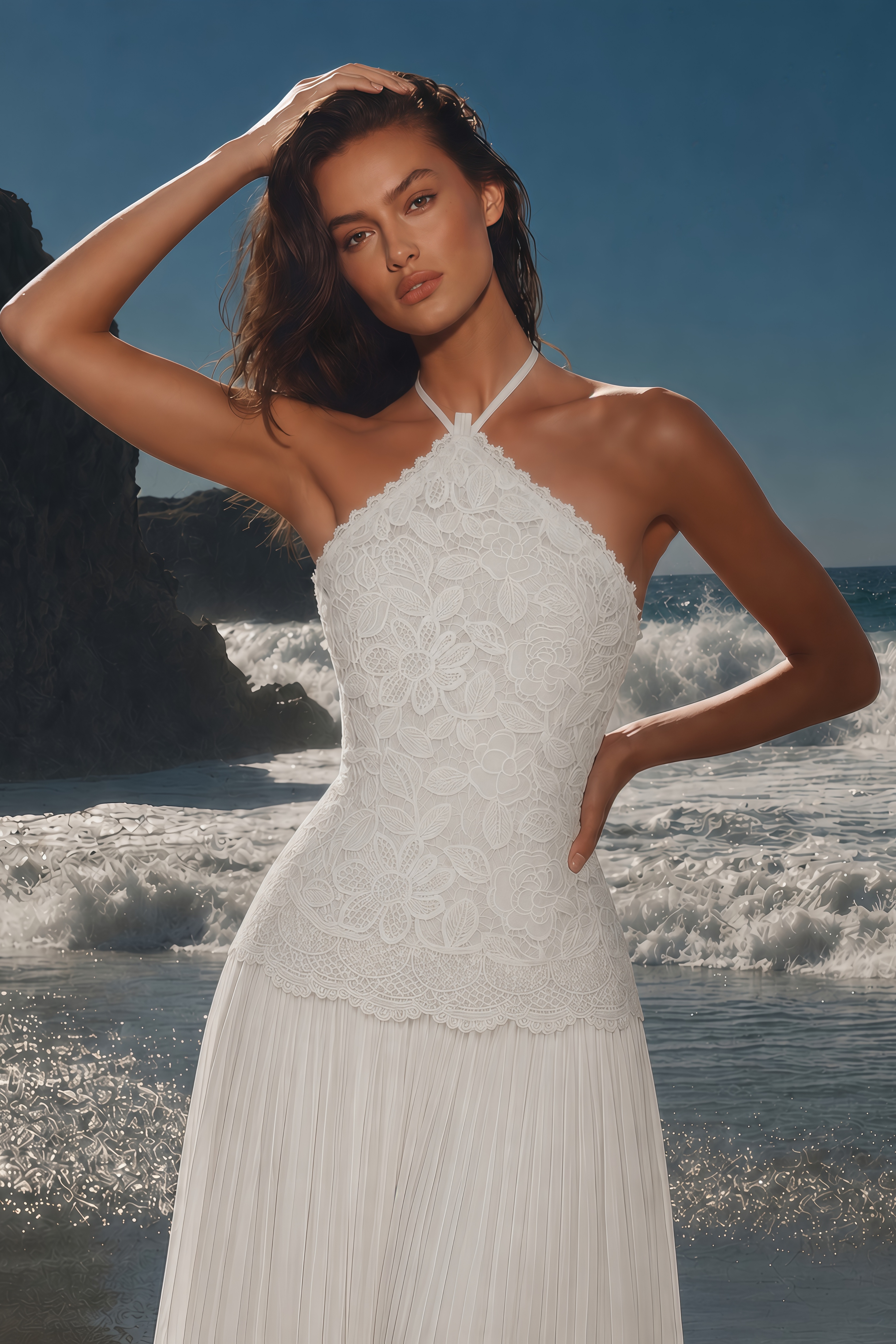 Lucille White Halterneck Flowy Maxi Dress