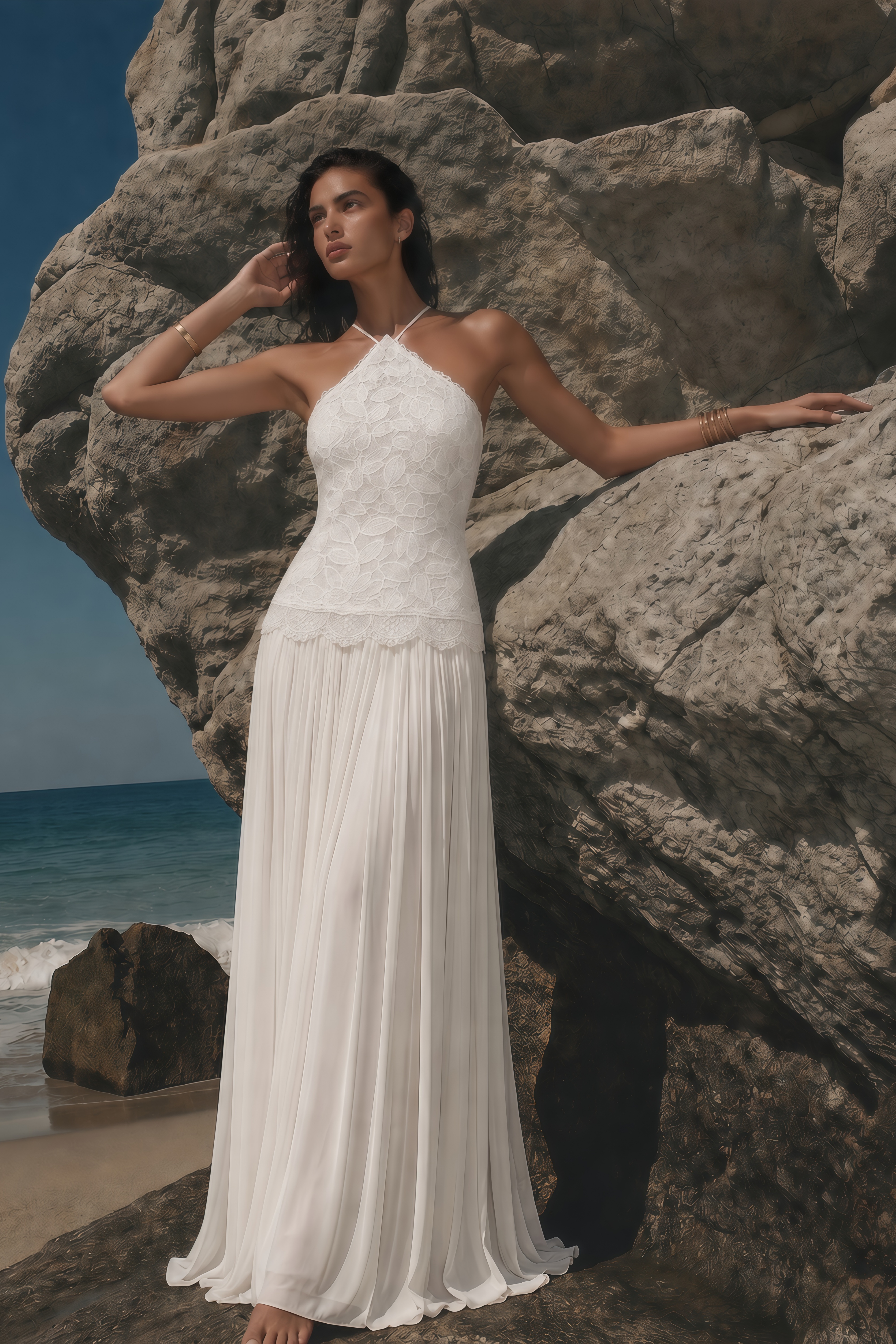 Lucille White Halterneck Flowy Maxi Dress