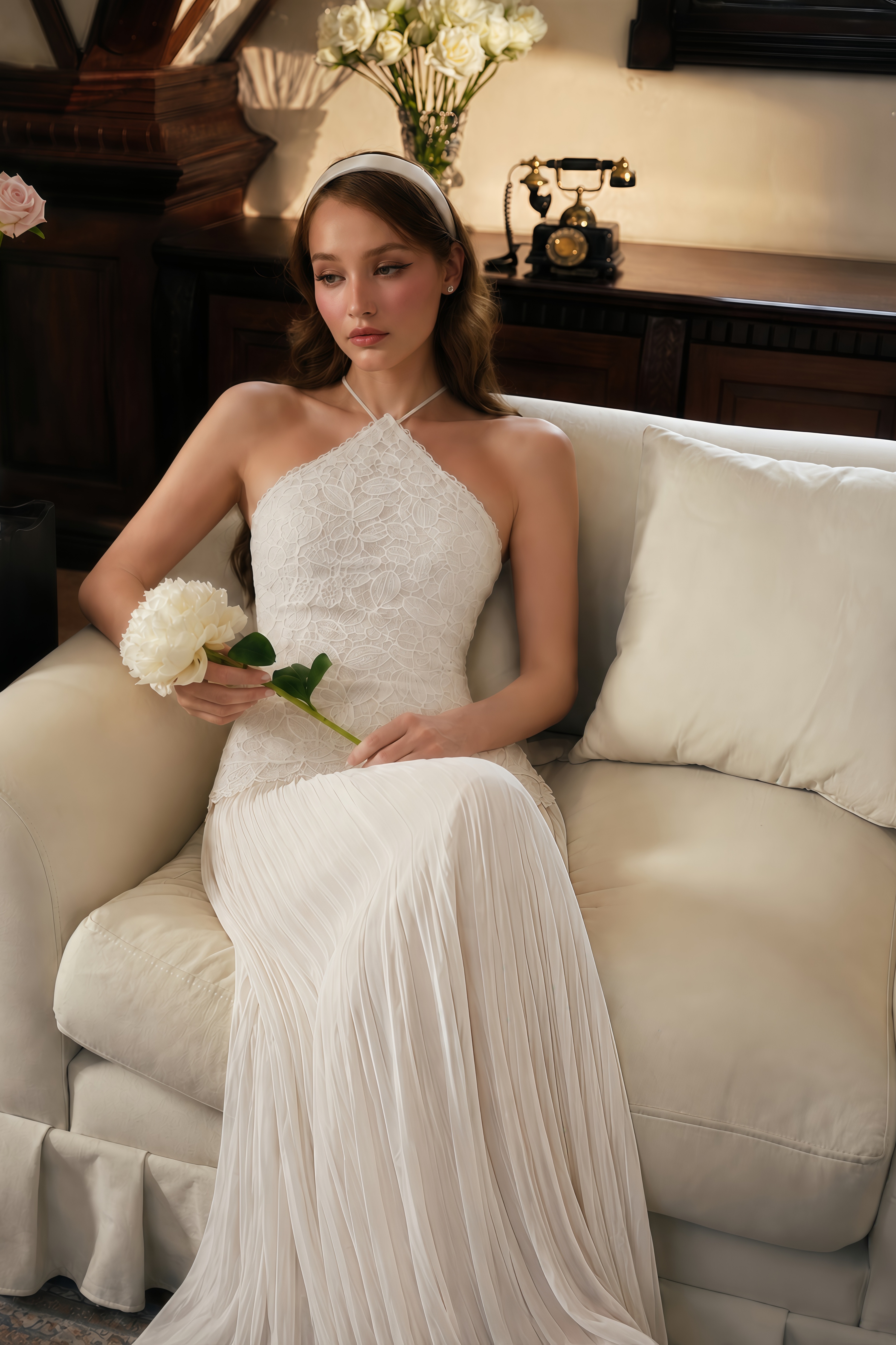 Lucille White Halterneck Flowy Maxi Dress