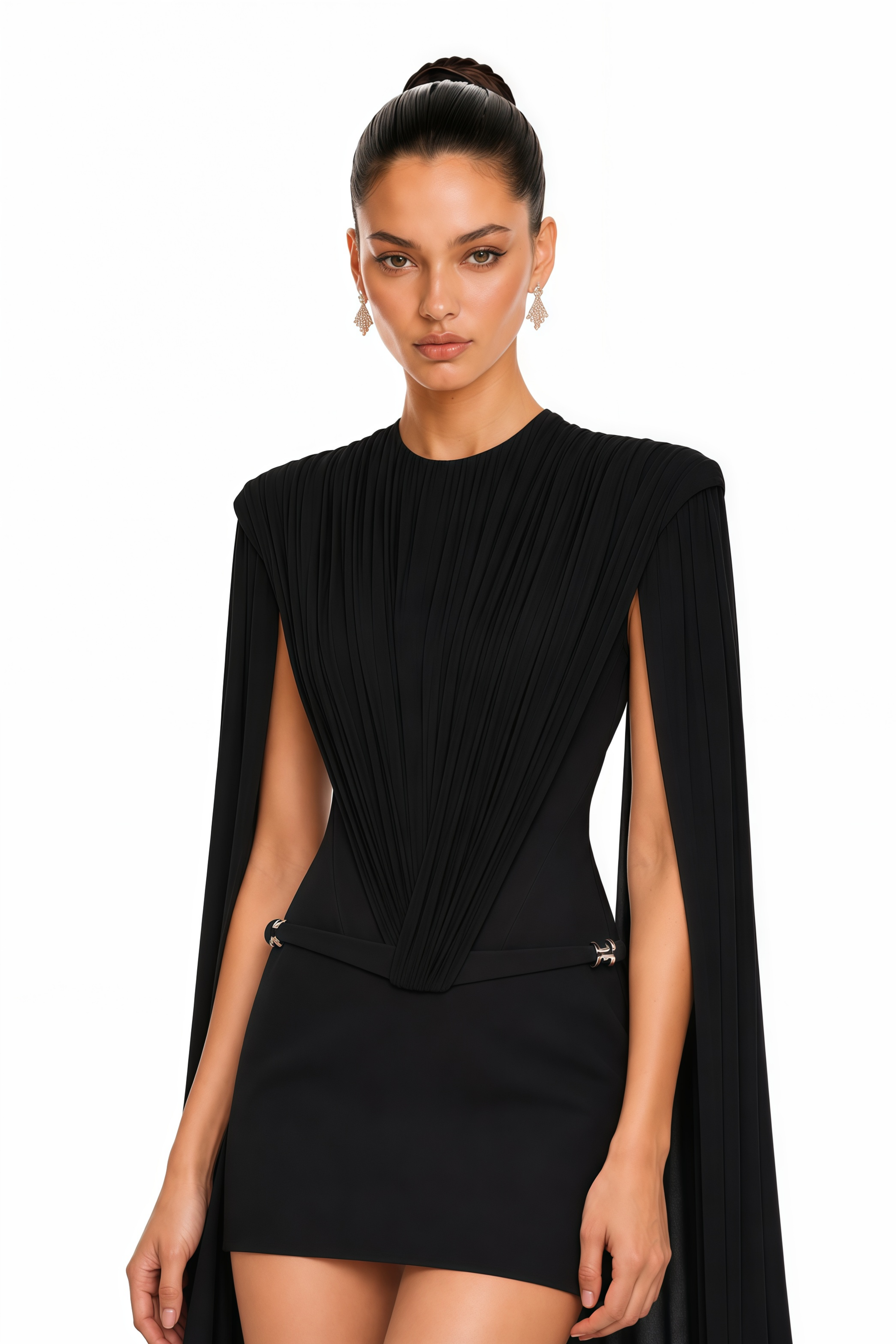 Lucinda Black Cape Sleeve Pleated Mini Dress