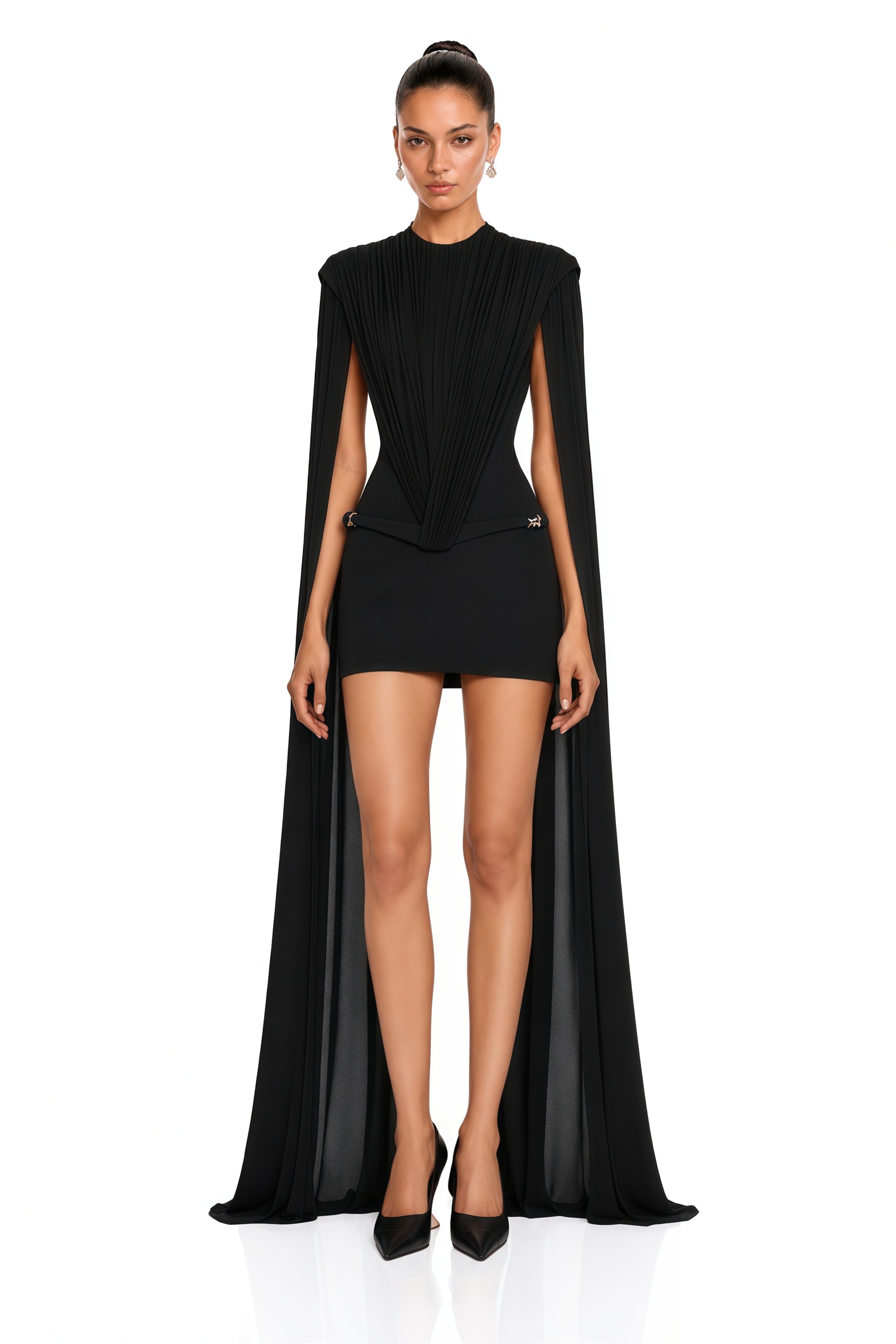 Lucinda Black Cape Sleeve Pleated Mini Dress