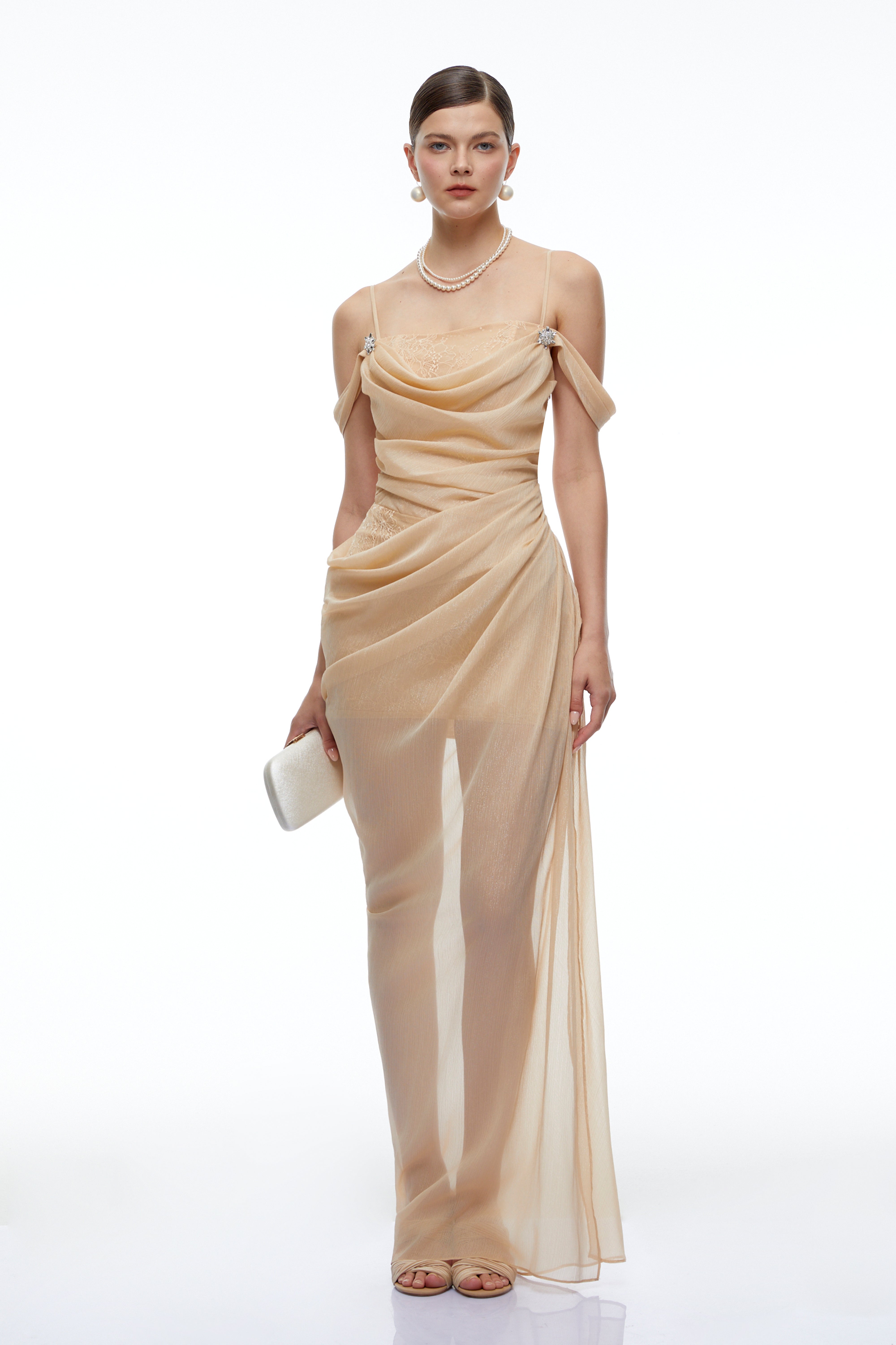 Lucrezia Neutral Lace-Panelled Ruched Maxi Dress