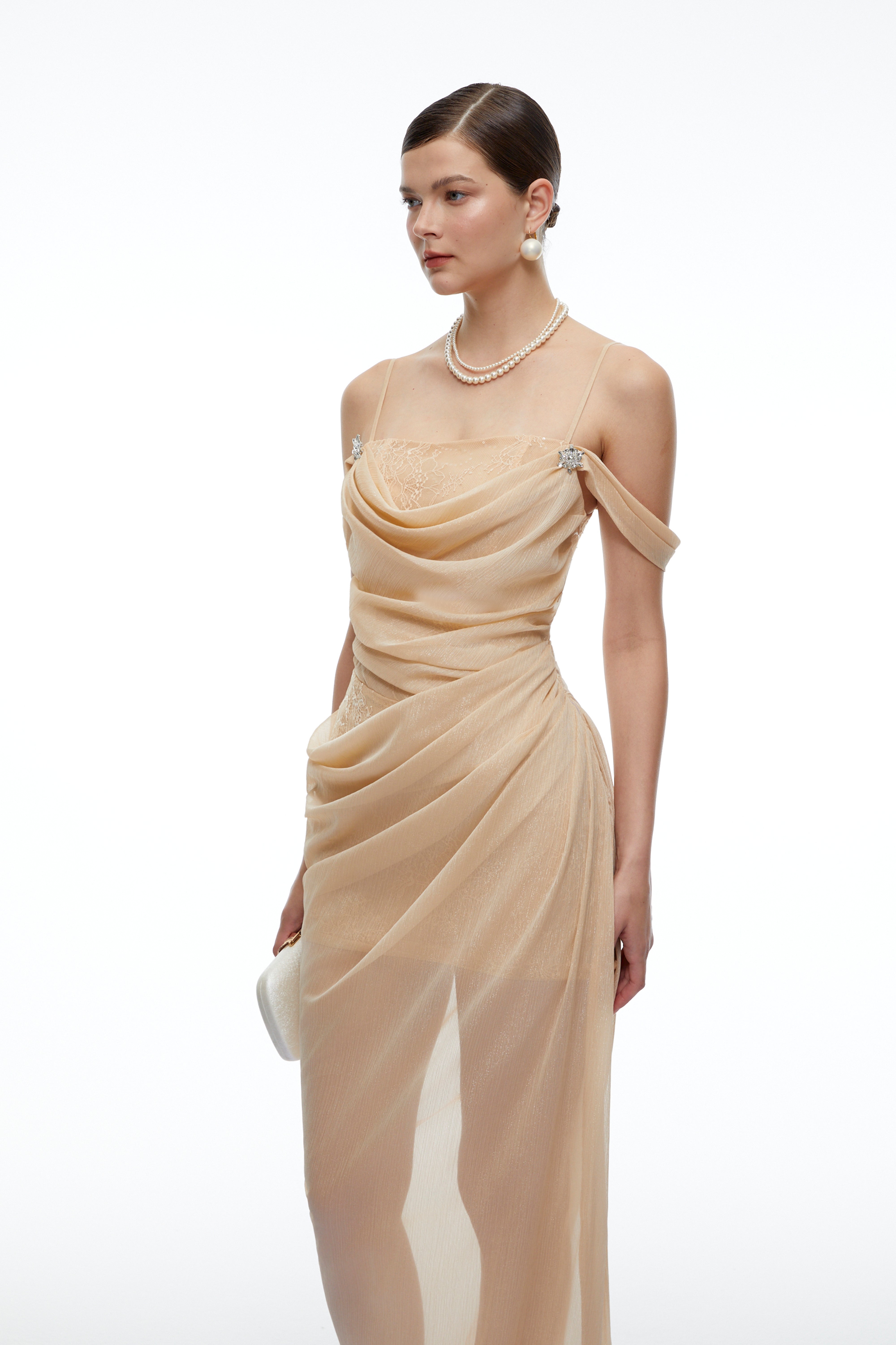 Lucrezia Neutral Lace-Panelled Ruched Maxi Dress