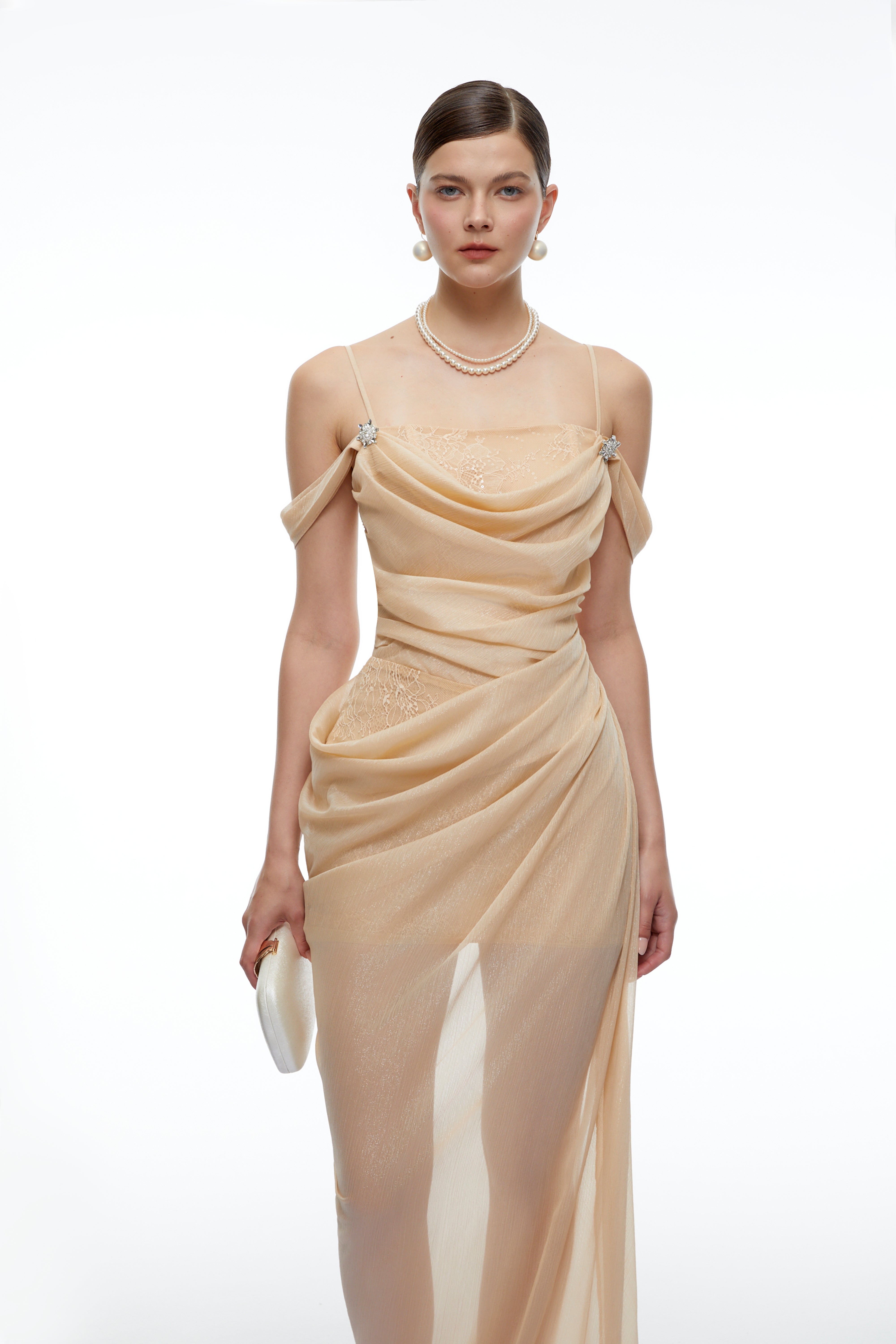 Lucrezia Neutral Lace-Panelled Ruched Maxi Dress