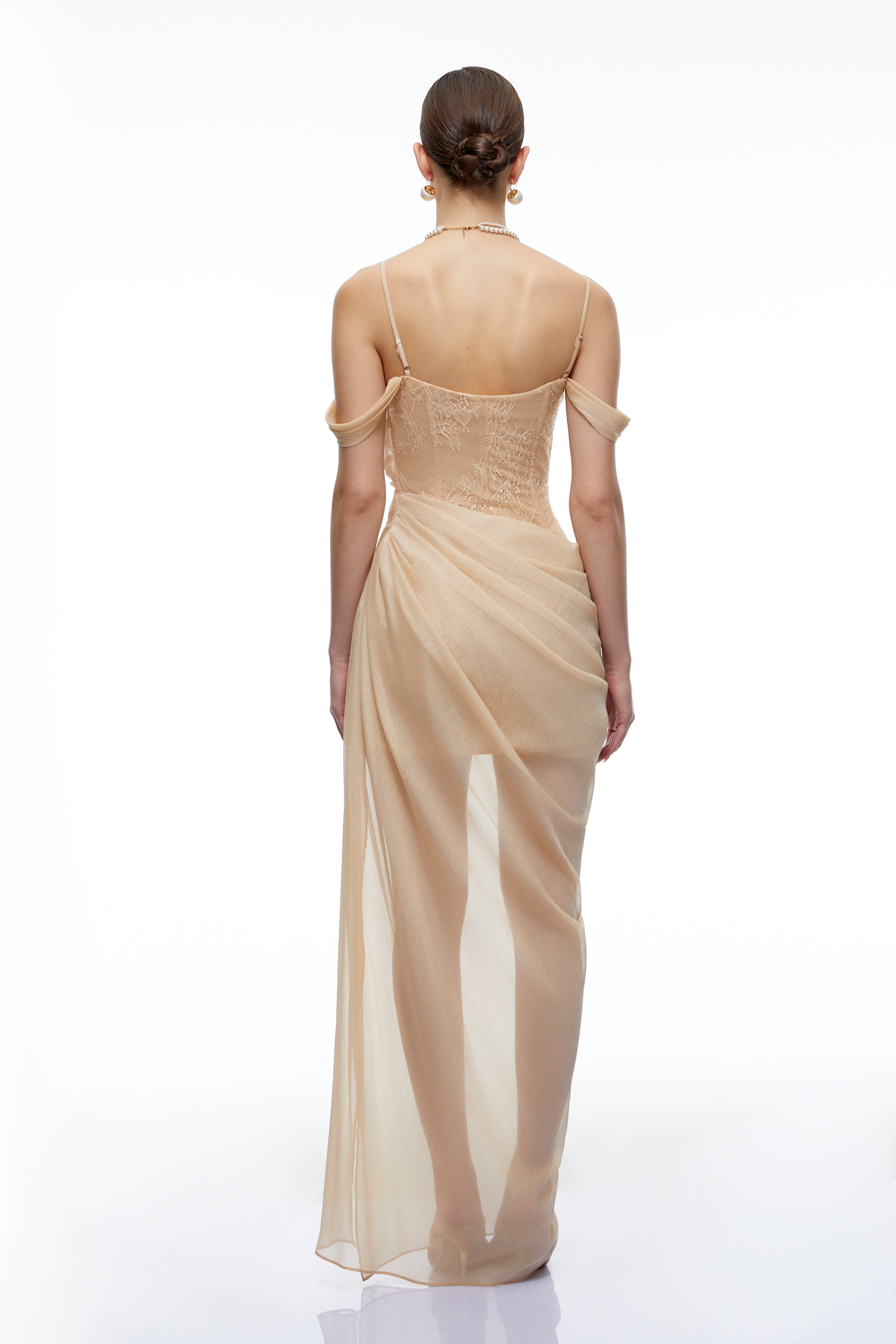 Lucrezia Neutral Lace-Panelled Ruched Maxi Dress