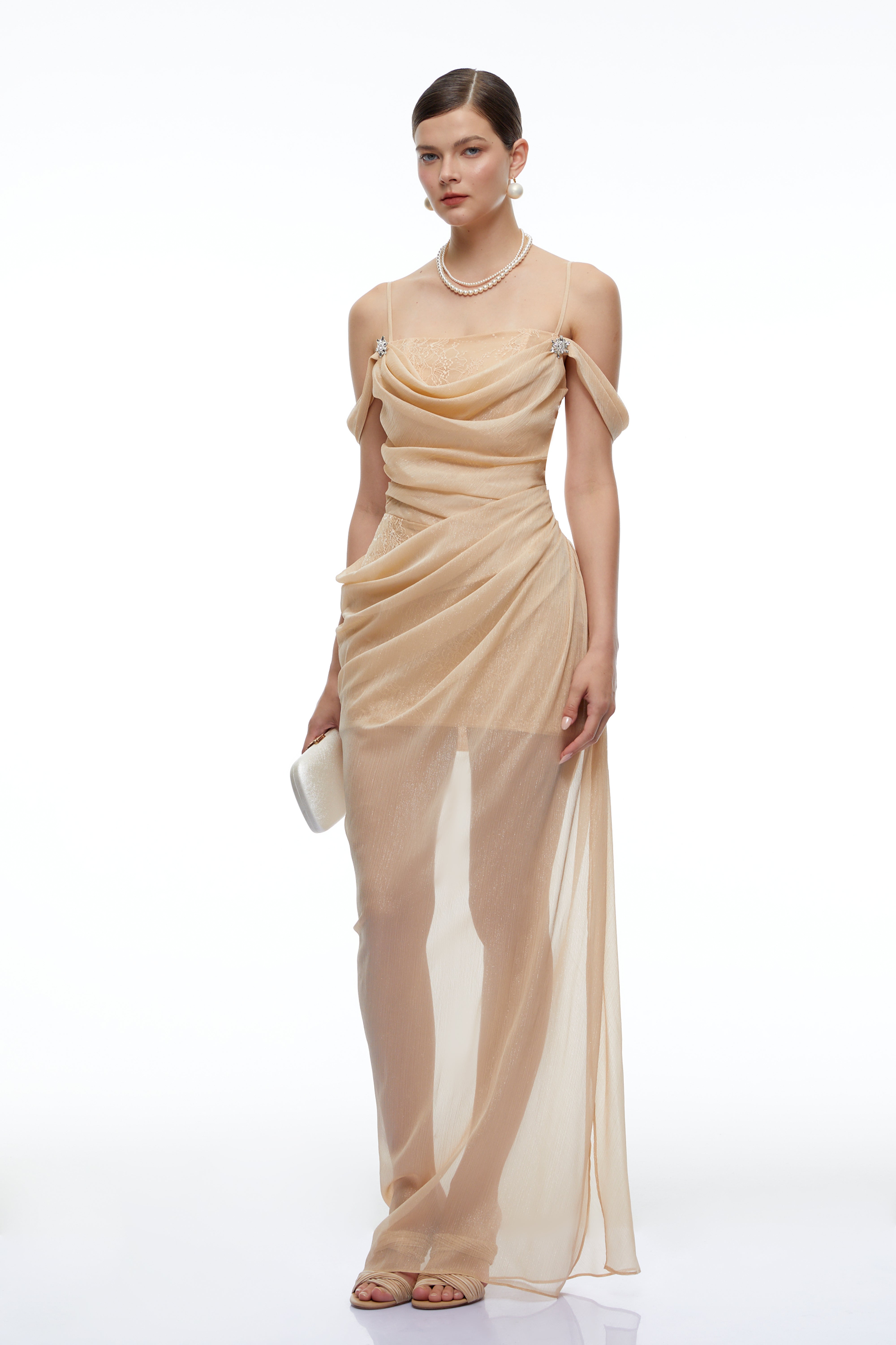 Lucrezia Neutral Lace-Panelled Ruched Maxi Dress