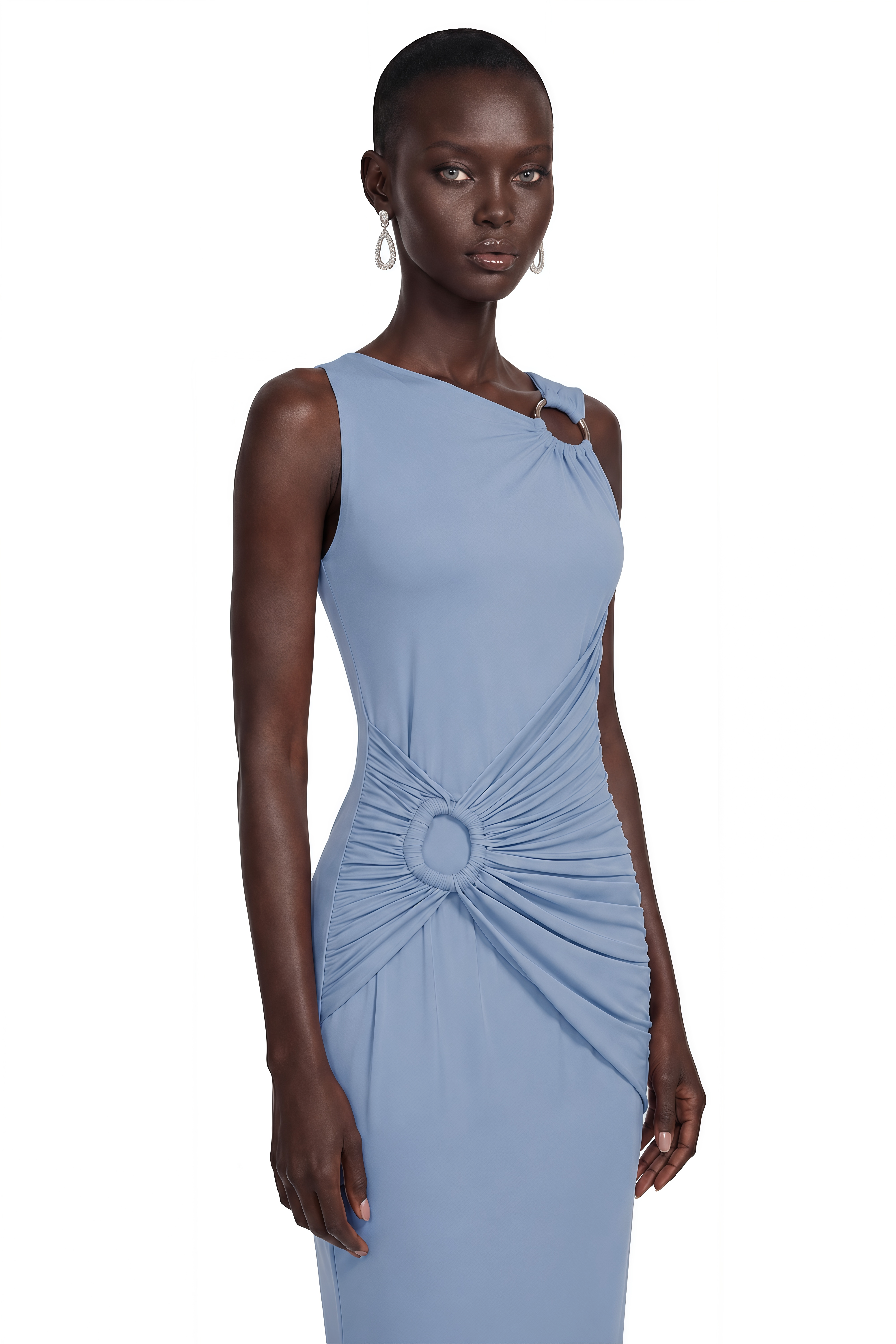 Light blue one-shoulder maxi dress with draped ring details