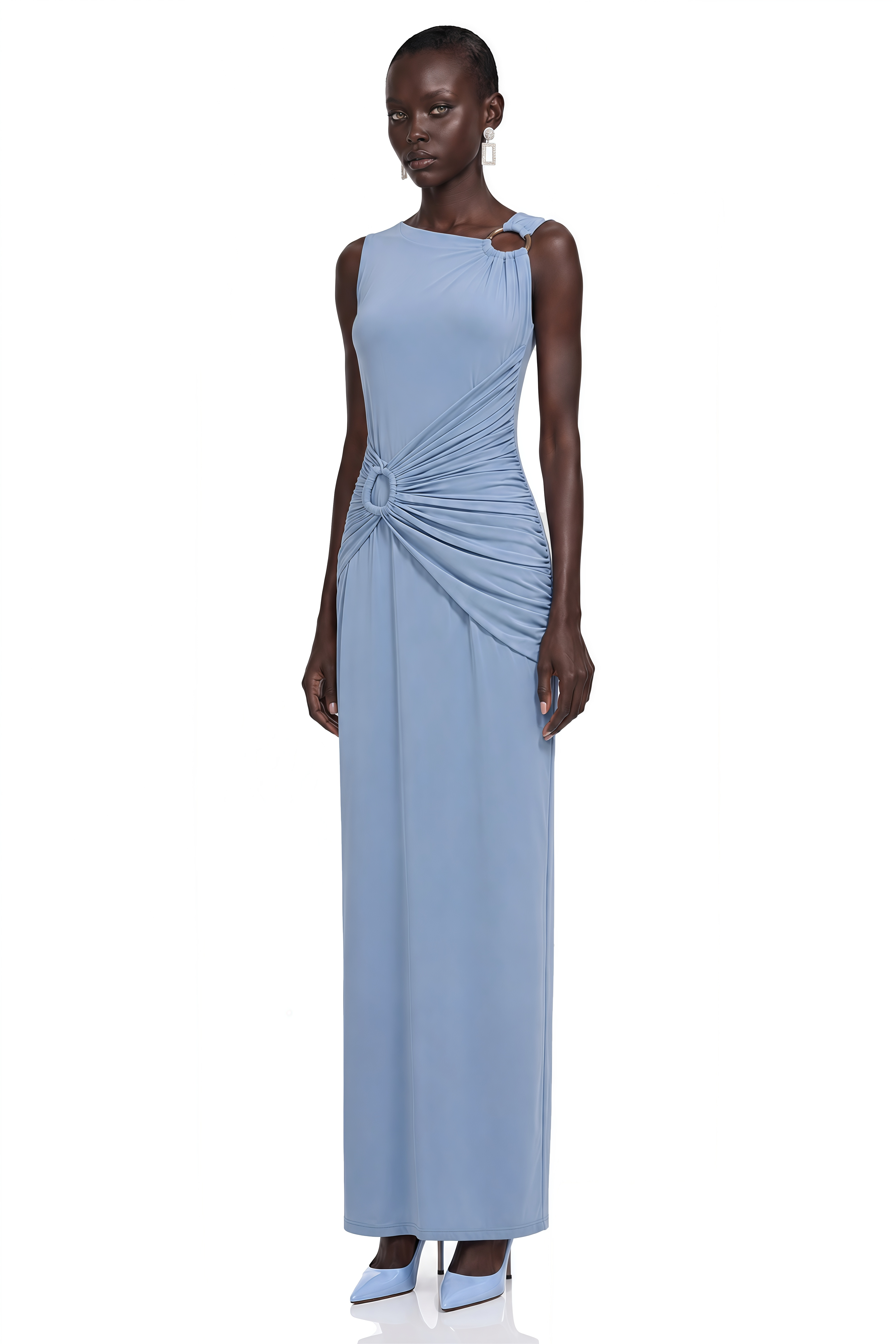 Light blue one-shoulder maxi dress with draped ring details