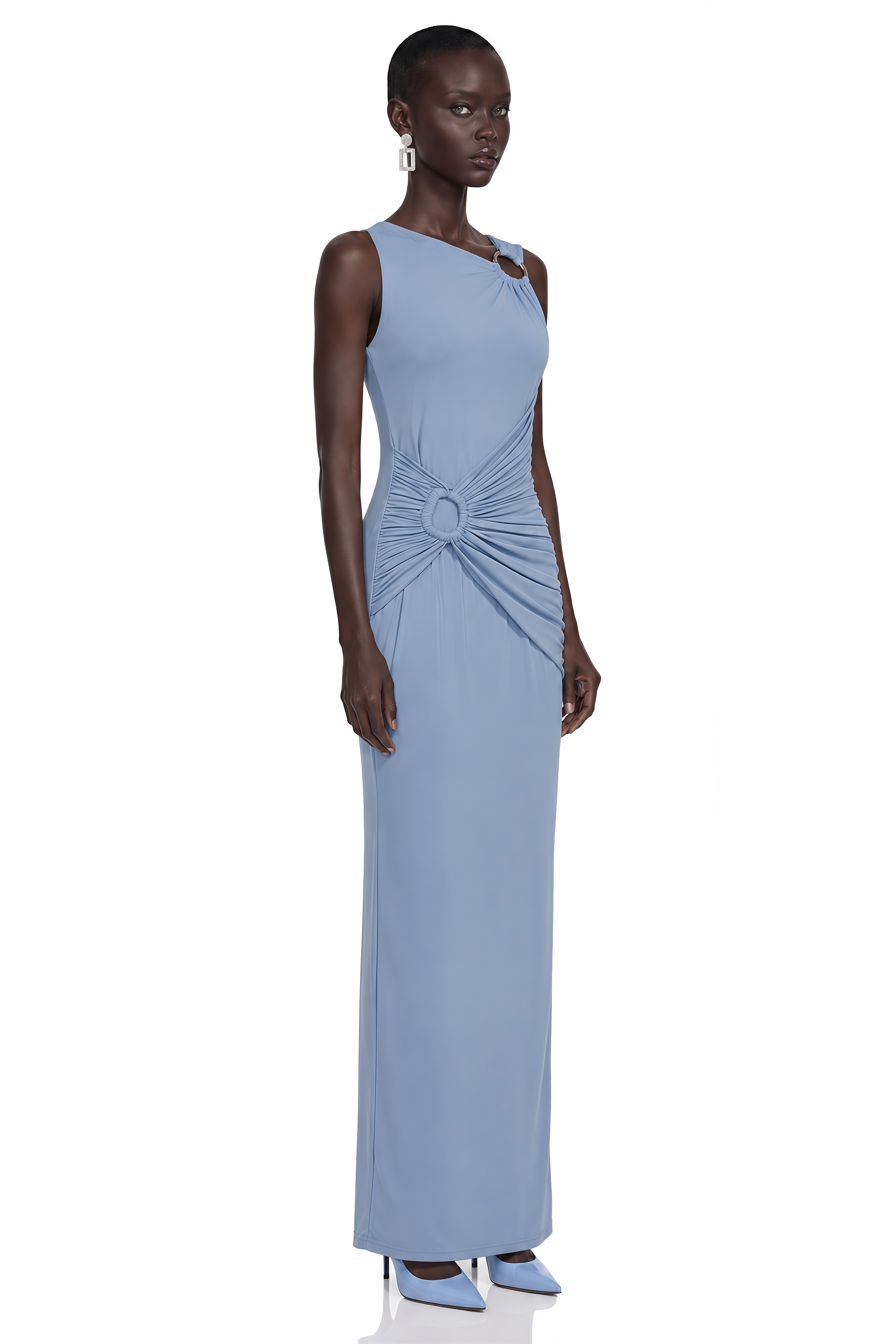 Light blue one-shoulder maxi dress with draped ring details