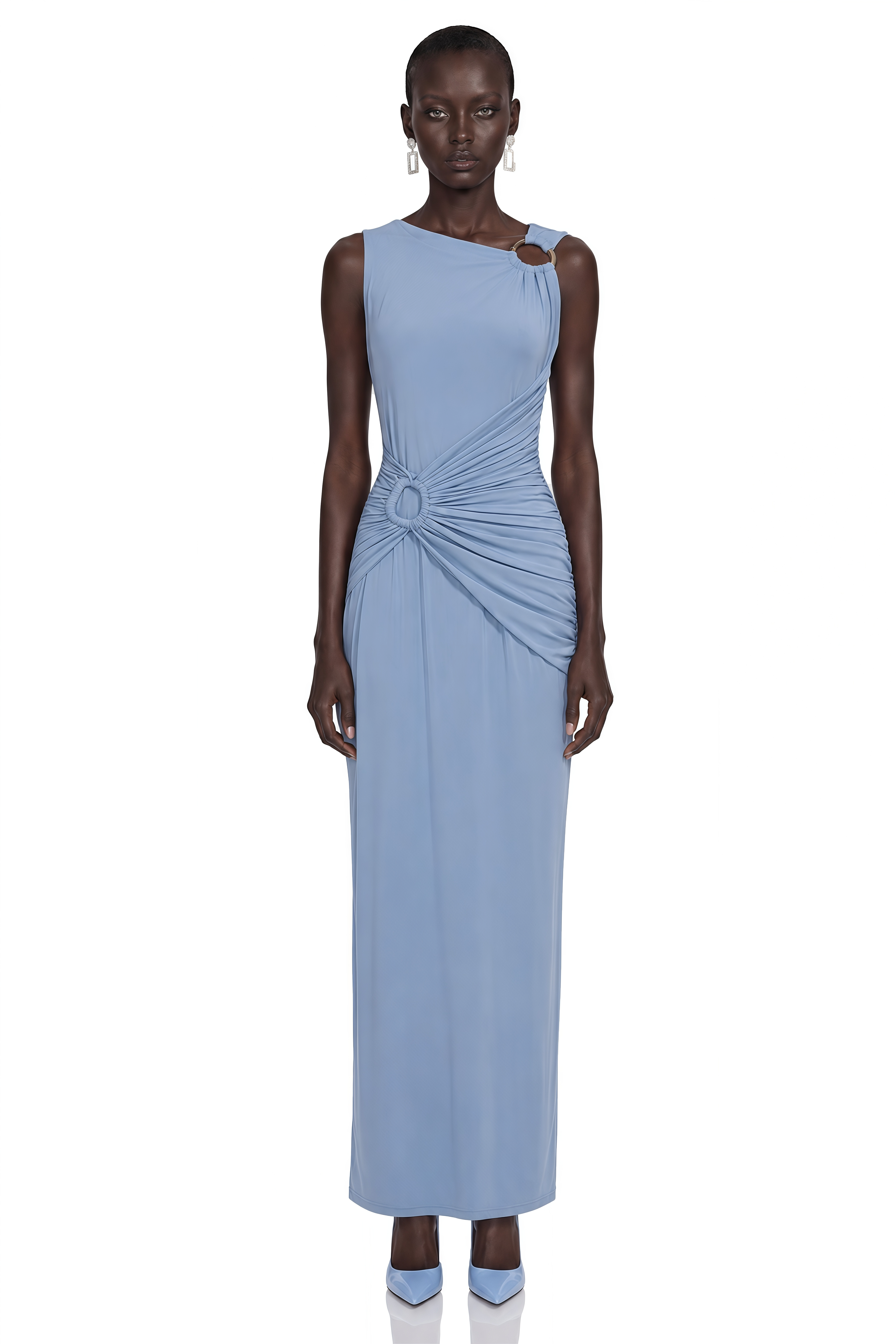 Light blue one-shoulder maxi dress with draped ring details