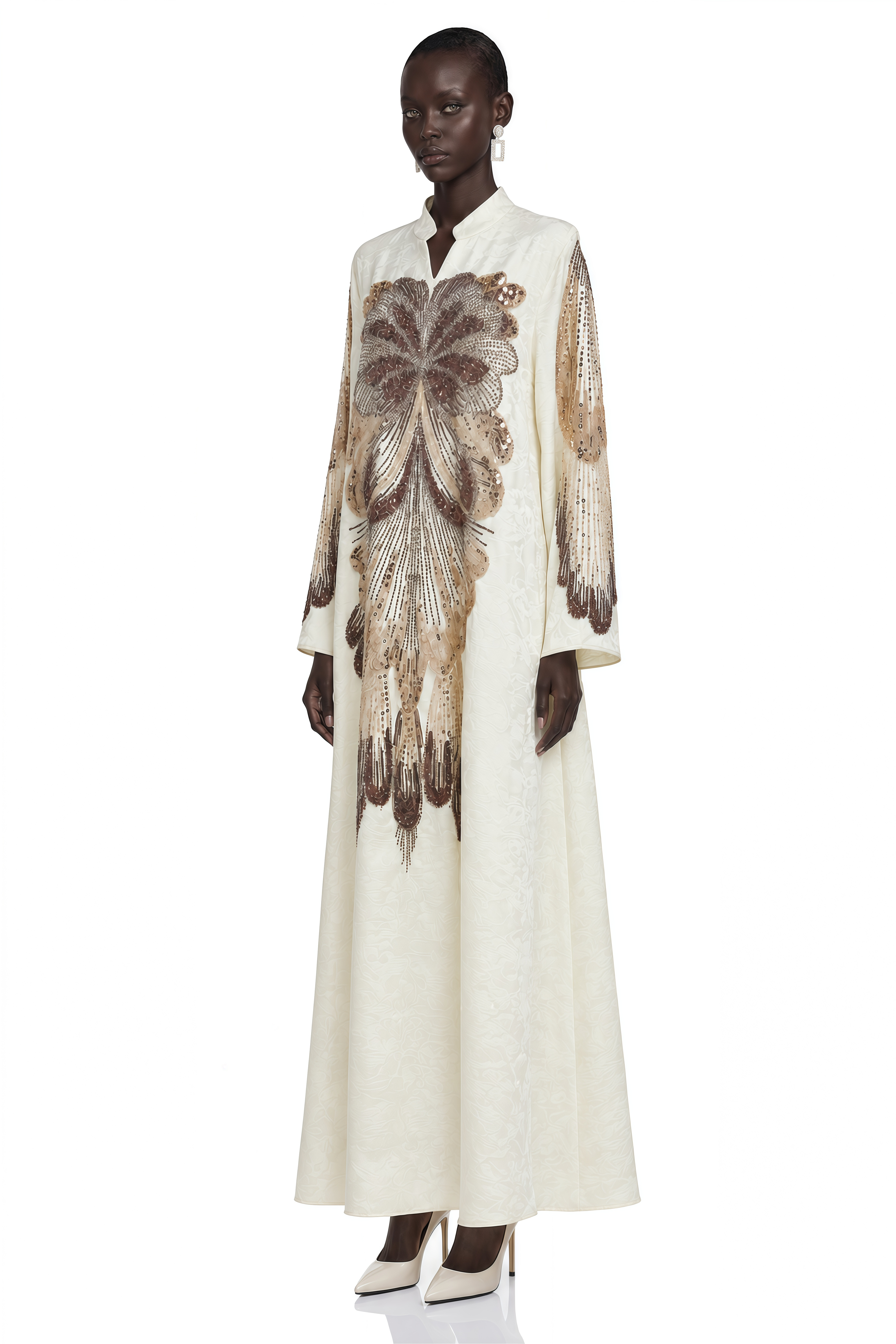 Luisa Neutral Sequin Embroidered Long Sleeve Maxi Dress