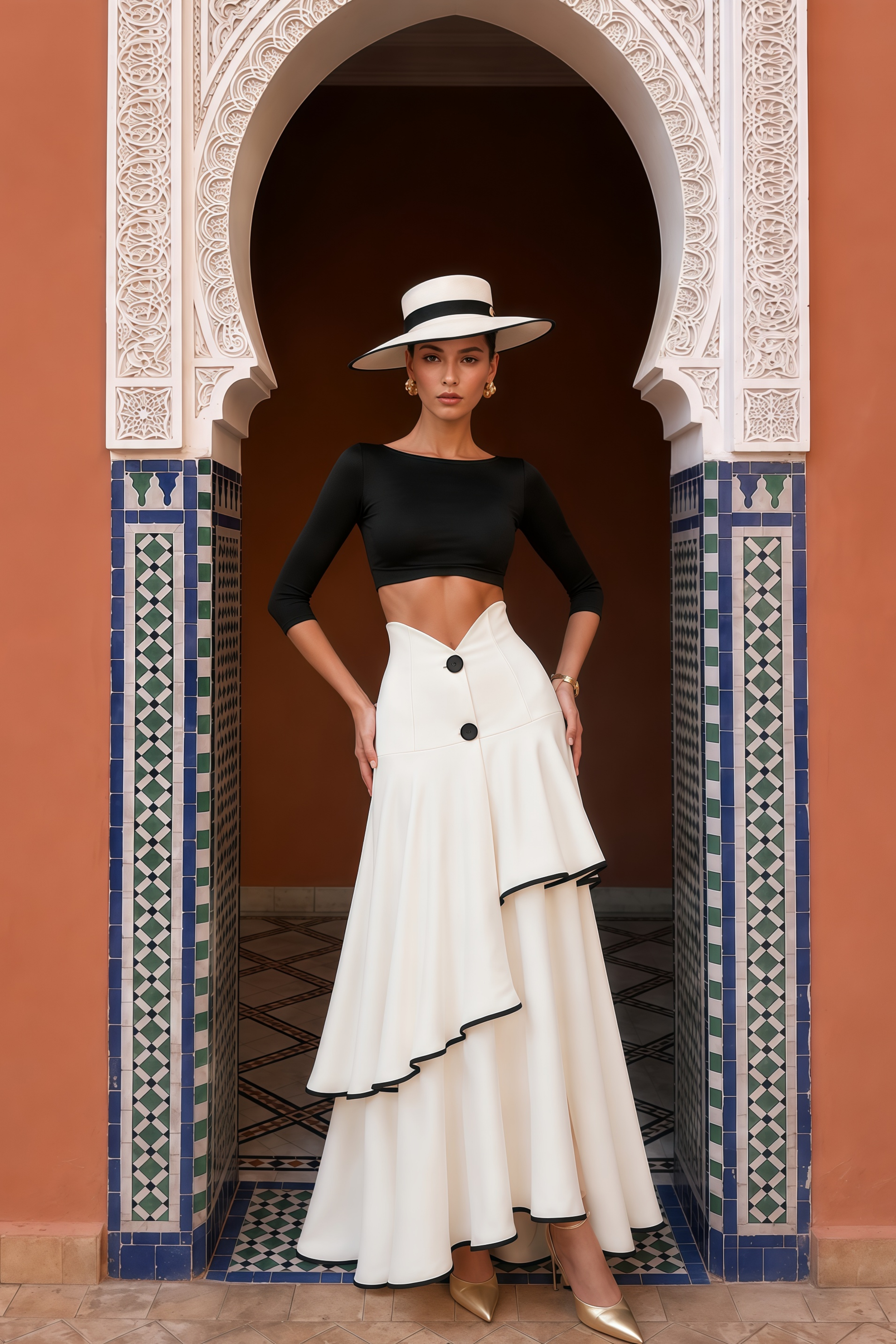 Lysandre White Color Block Top & Tiered Skirt Set