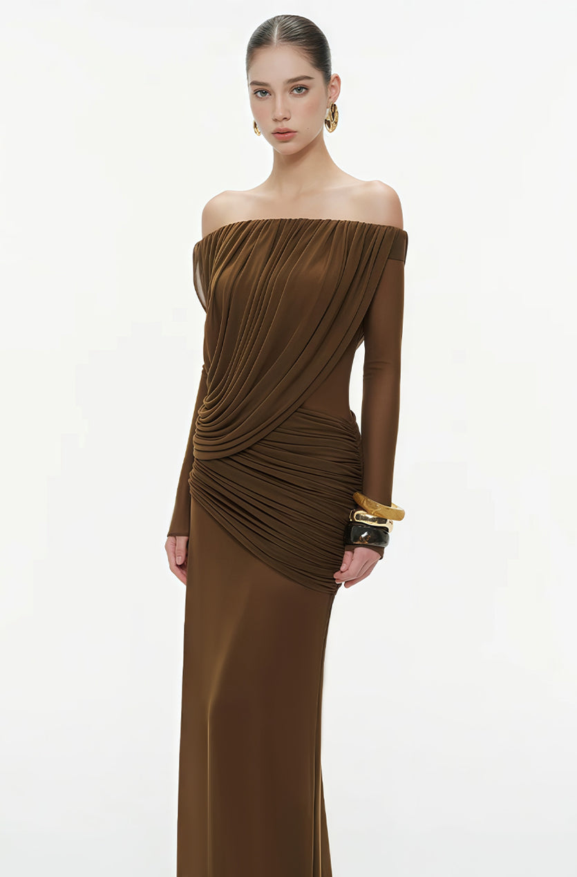 Brown Draped Maxi Dress