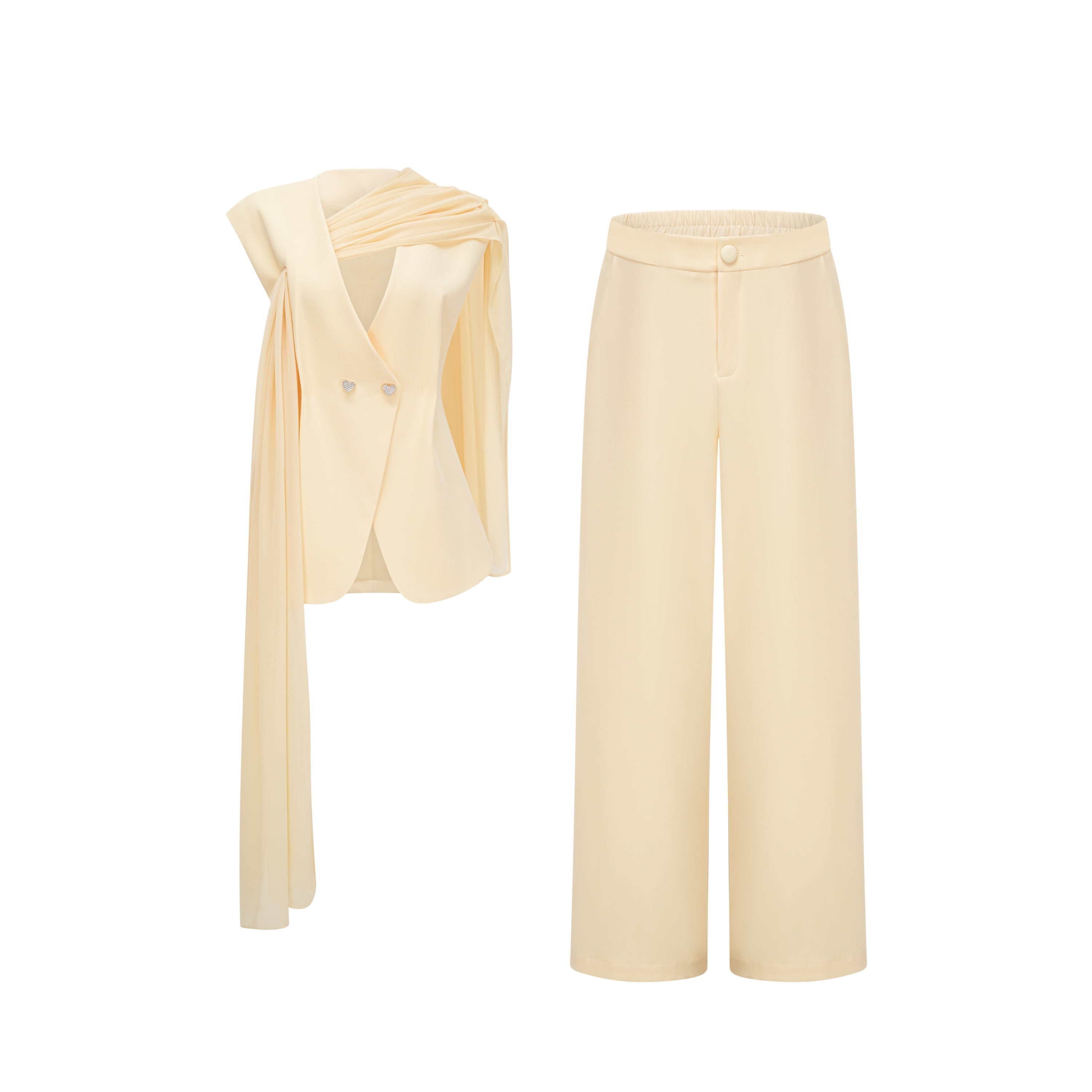 Pale yellow top and trousers set with an asymmetric blazer bodice, draped sheer neckline, and cape panels