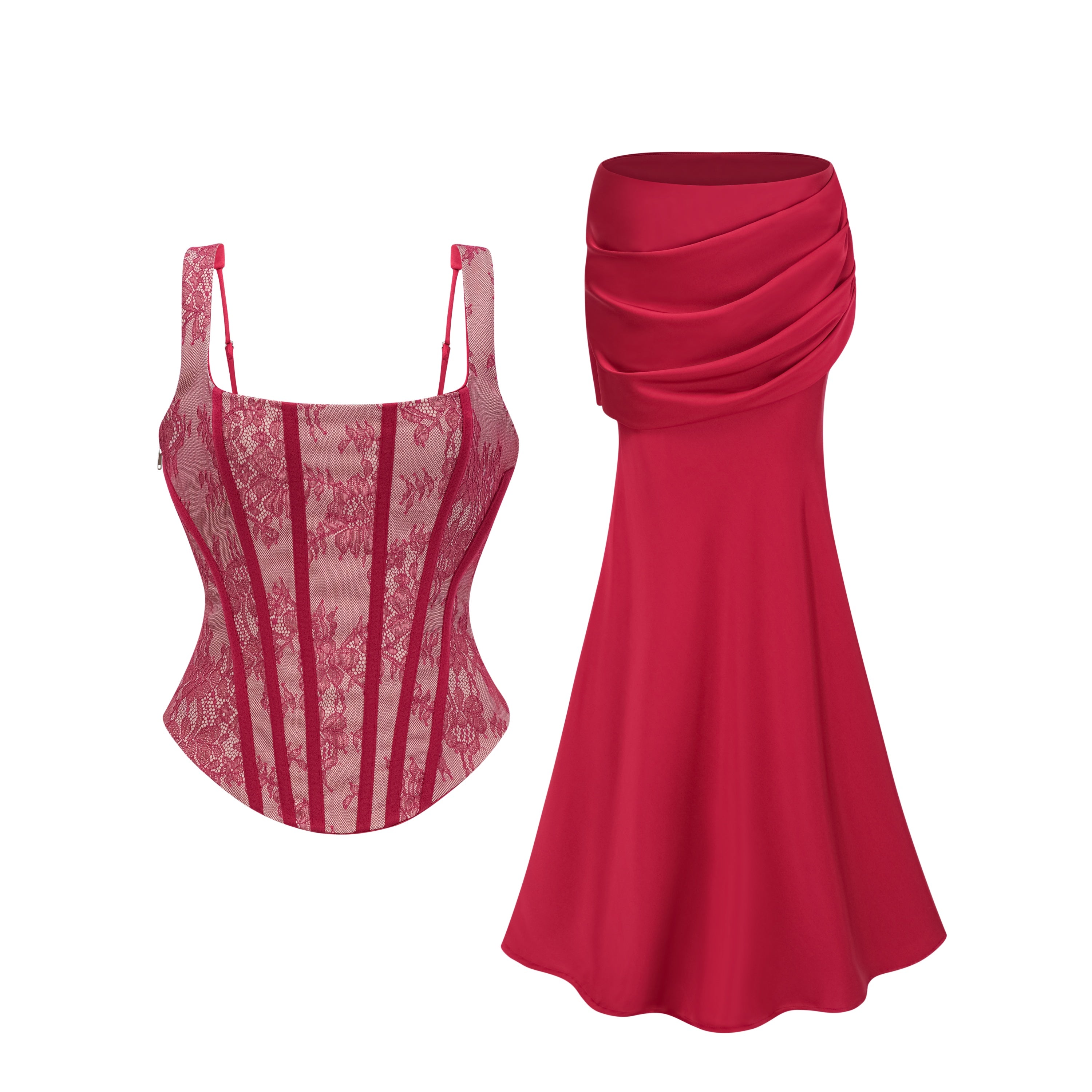 Olesya Red Lace Top & Ruched Skirt Set