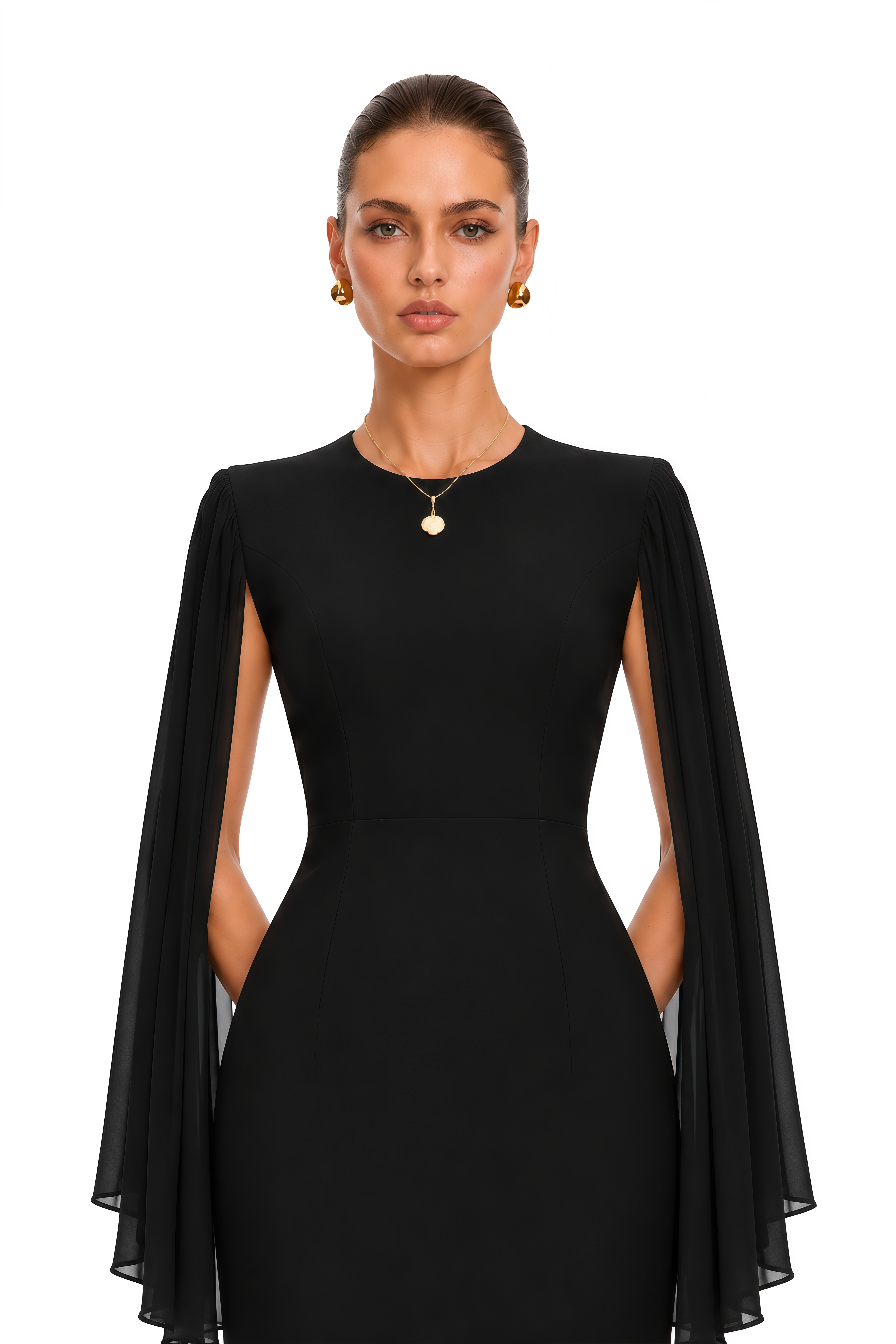 Olivia Black Round Neck Pleated Sleeves Midi Dress
